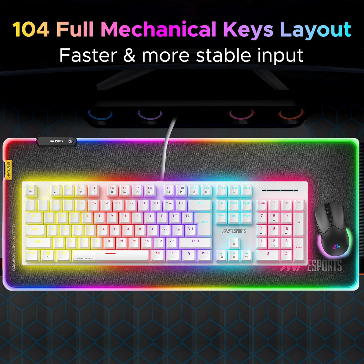 Ant Esports MK3400 Pro V3 Mechanical RGB Gaming Keyboard, 104 Keys-Brown Switch, Multicolour Backlit, Anti-Ghosting, USB Wired, Media Keys, 12 LED Modes, for PC, Mac, Windows, Linux – White