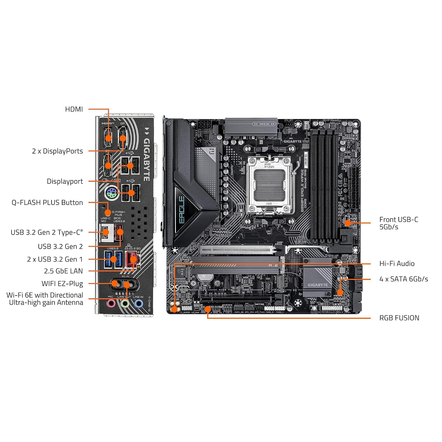 GIGABYTE B850M Eagle WIFI6E AMD AM5 Motherboard, M-ATX, DDR5, 2X M.2, PCIe 5.0, USB-C, USB 3.2 Gen 2, WIFI6E, 2.5GbE LAN, EZ-Latch, Wi-Fi EZ-Plug