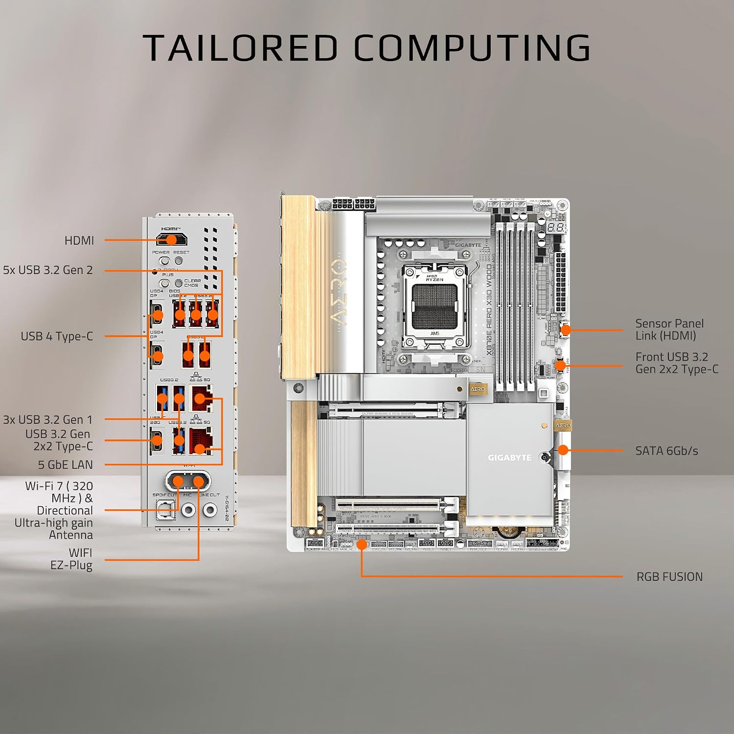 GIGABYTE X870E AERO X3D Wood AMD AM5, ATX, Supports AMD Ryzen 9000/8000/7000 Series Processors, DDR5, 16+2+2 Total Power Phase, 4X M.2, PCIe 5.0, USB4 Type-C, WIFI7, Dual 5 GbE LAN