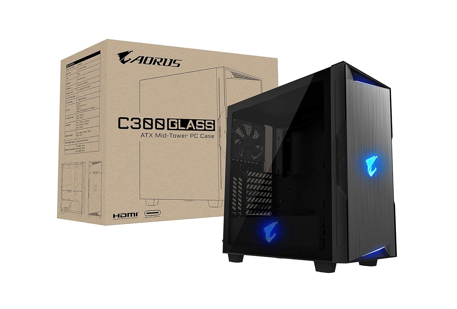 AORUS C300 Glass ATX Gaming Case, Tinted Tempered Glass, RGB Fusion 2.0, Upgraded I/O Panel with USB 3.1 Gen 2 Type C and HDMI, VR Ready, Watercooling Ready, Vertical GPU Mount Support - Black