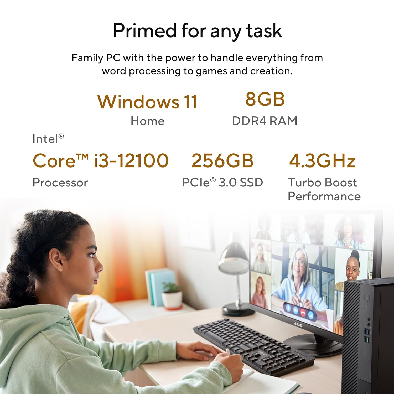 ASUS S500SD, 4 core, Intel Core i3-12100, Tower PC (8GB RAM/256GB SSD/Integrated Graphics/Windows 11 + MS Office/with Keyboard & Mouse//Black/5 Kg), S500SD-312100016WS