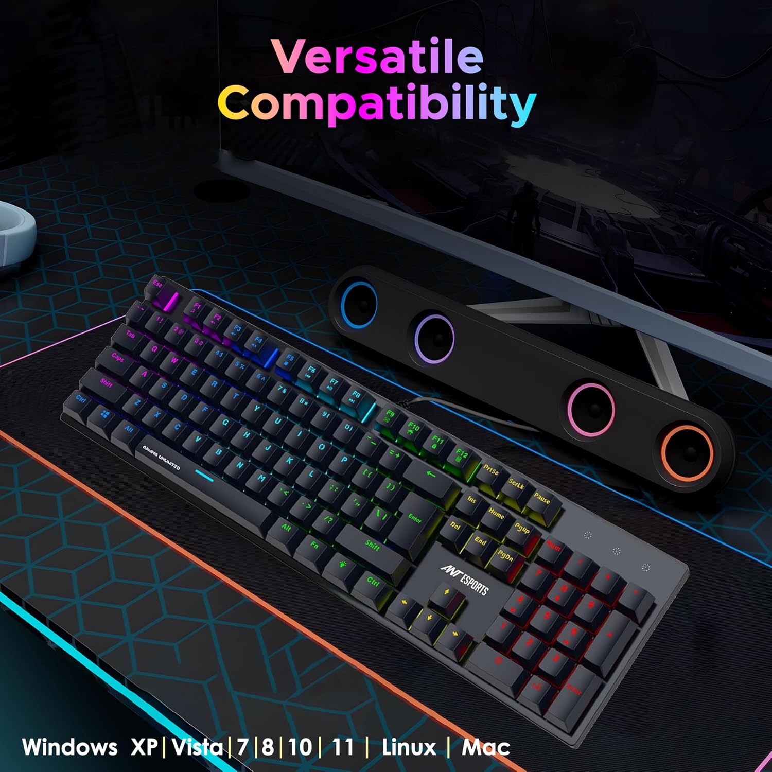 Ant Esports MK3400 V3 Pro Mechanical Gaming Keyboard RGB LED 104 Keys Blue Switch Anti Ghosting Full Size Wired USB PC Keyboard Removable Double Shot Keycaps Ergonomic for PC, Laptop and Mac (Black)