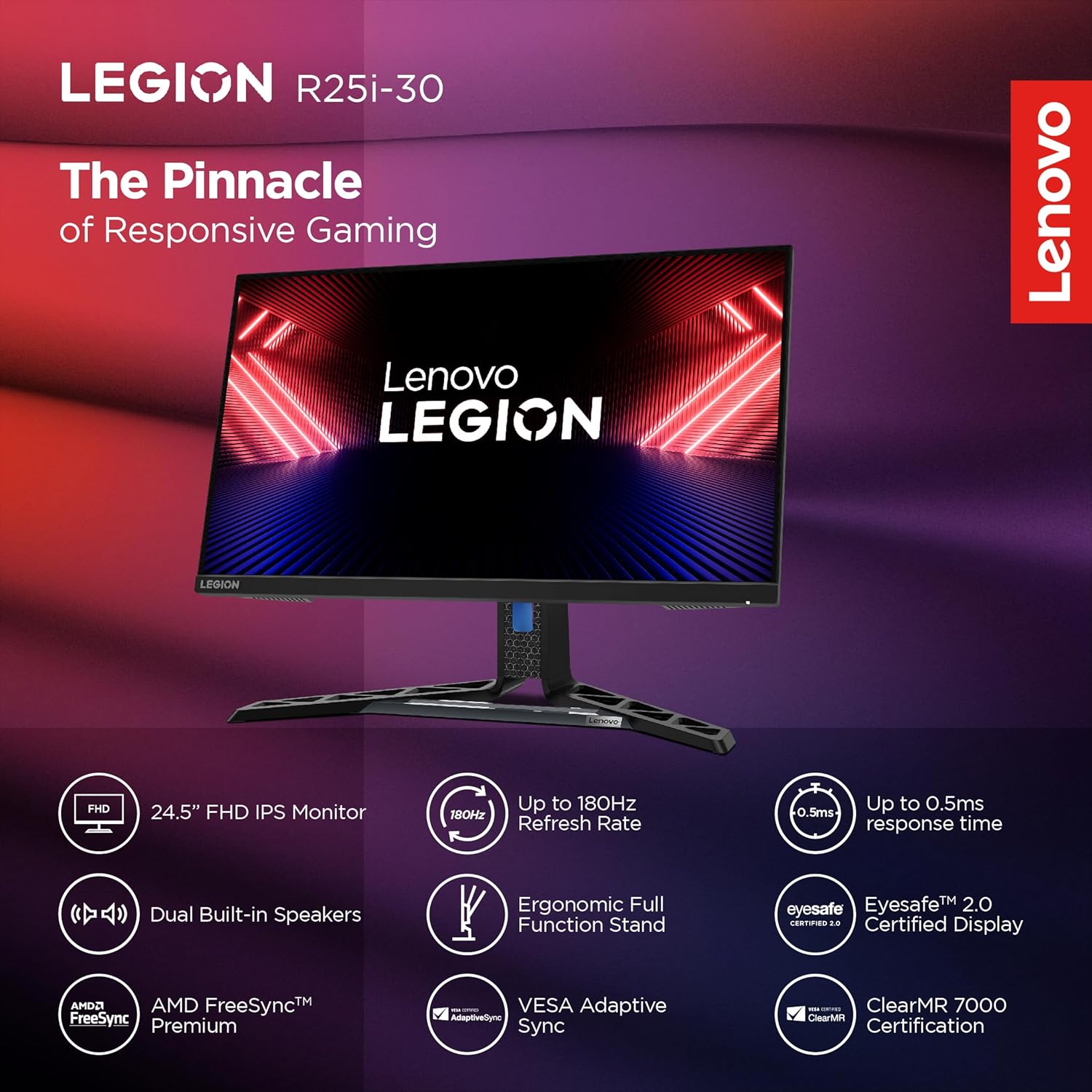 Lenovo Legion R25i-30 | 25 Inch (63.5cm) 165Hz FHD Gaming Monitor | 0.5ms, AMD Freesync, 99%sRGB, 90% DCI-P3, 3Wx2 Speaker, 2xHDMI, 1xDP| Tilt, Swivel, Pivot, Height Adjust Stand | Black | 67B7GACBIN