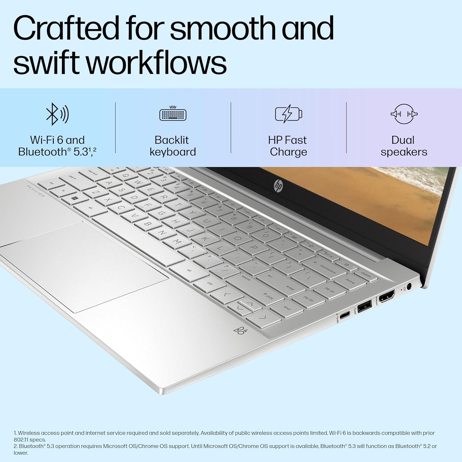 HP Pavilion, 12th Gen Intel Core i5-1235U, 8GB DDR4, 512GB SSD, Micro-Edge, BrightView, IPS, 14-inch(35.6cm) FHD Laptop, HD Camera, Backlit KB, B&O (Win 11, Office 21, Silver, 1.41kg) dv2053TU