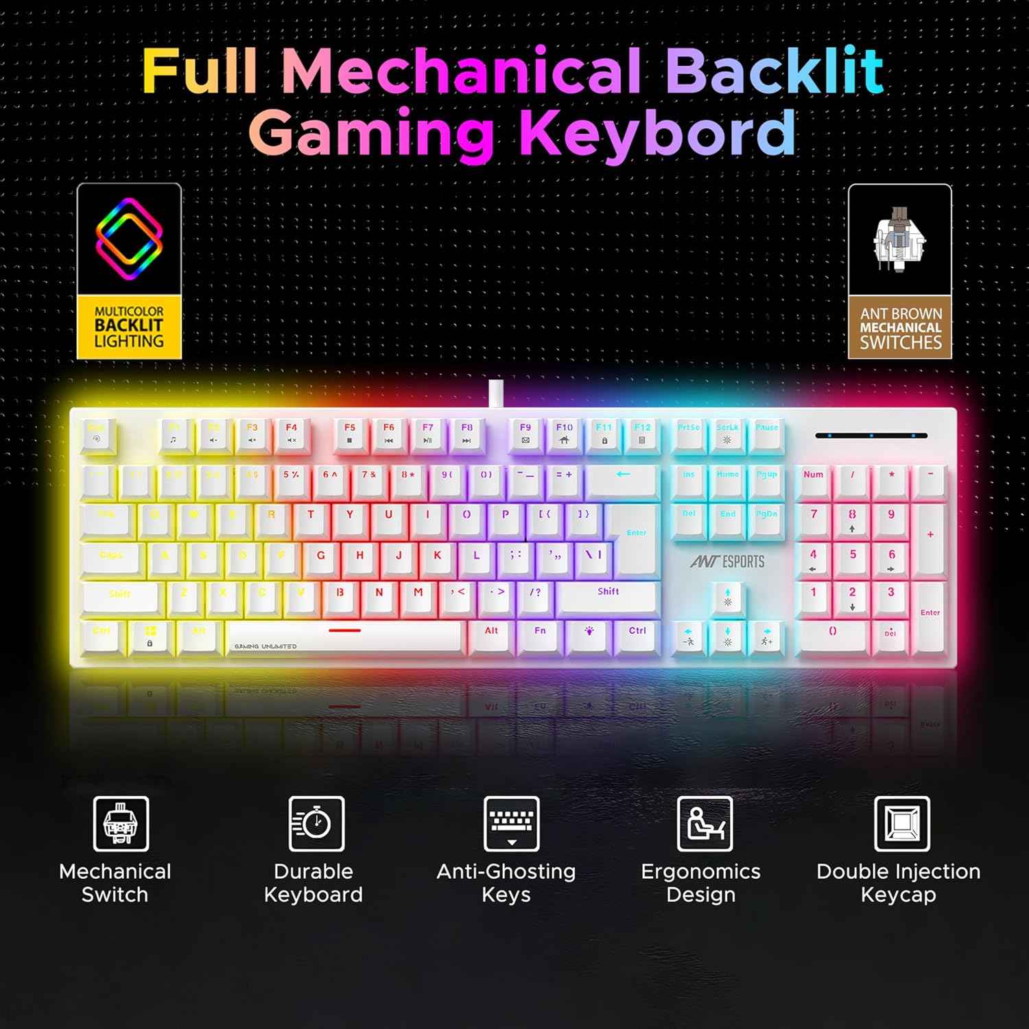 Ant Esports MK3400 Pro V3 Mechanical RGB Gaming Keyboard, 104 Keys-Brown Switch, Multicolour Backlit, Anti-Ghosting, USB Wired, Media Keys, 12 LED Modes, for PC, Mac, Windows, Linux – White