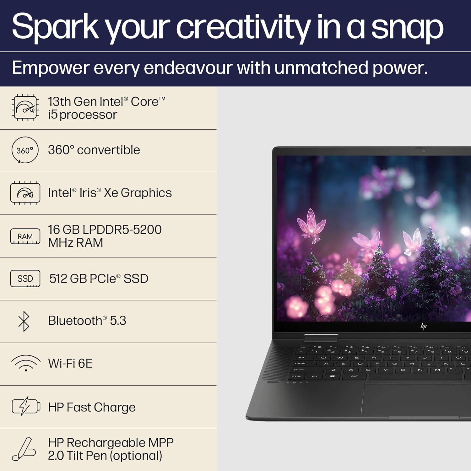 HP Envy x360, 13th Gen Intel Core i5-1335U, 15.6-inch (39.6 cm) FHD,Creator Laptop,16GB LPDDR5, 512GB SSD, Intel Iris Xe Graphics, 5MP IR Camera, B&O, Pen (Win 11,MSO, Black, 2.14 kg), 15-fe0027TU