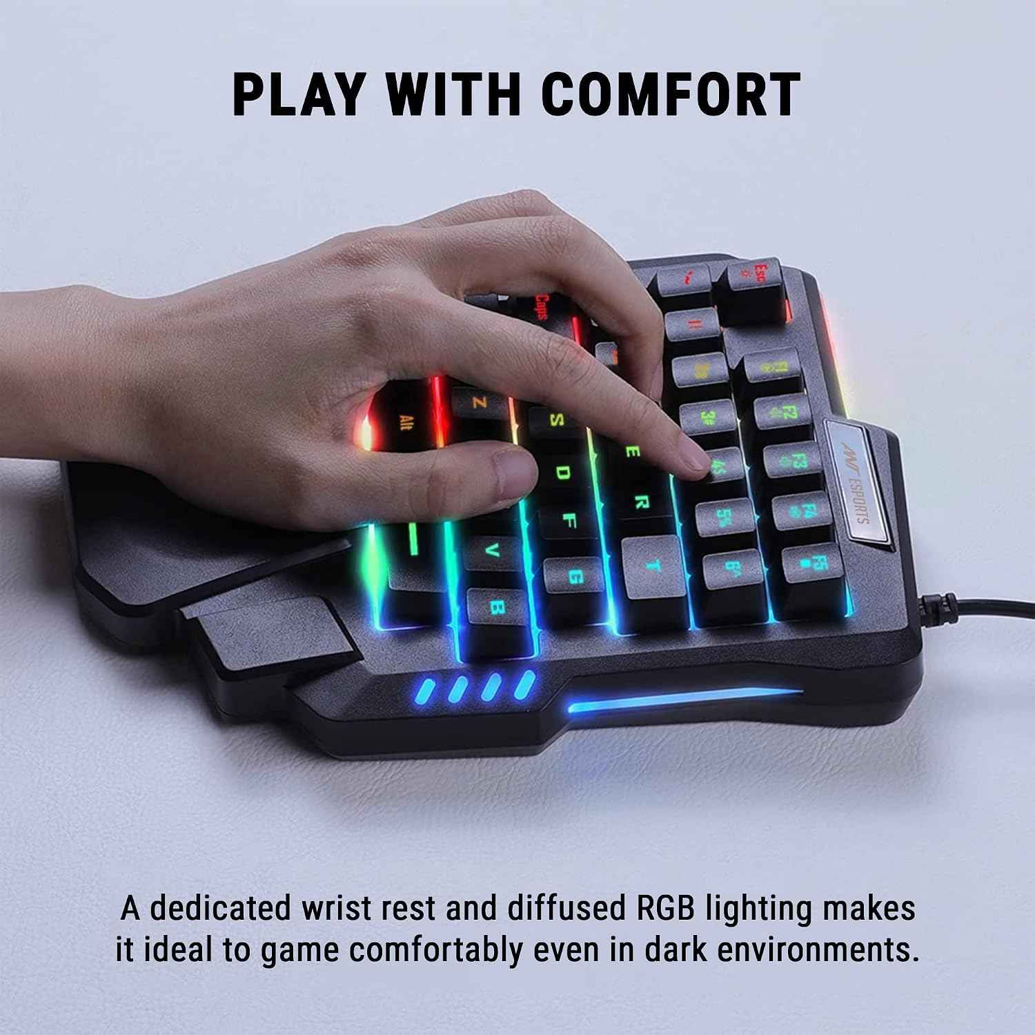 Ant Esports MG401 4-in-1 RGB Keyboard & Mouse Combo with One-Hand Keypad, 3600 DPI Optical Mouse, Bluetooth Receiver & Phone Stand for Android, BGMI, Free Fire & Call of Duty