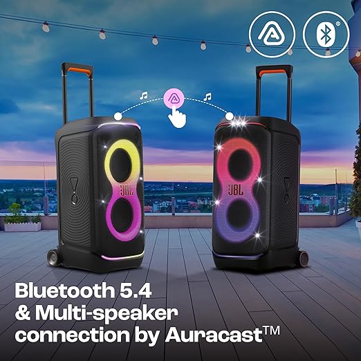 JBL Partybox 320, Portable Bluetooth 240W Party Speaker, AI Sound Boost, Futuristic Light Show, Multispeaker Connection by Auracast, Telescopic Handle & Wheels, Dual Guitar & Mic Inputs (Black) - Zapnet.in