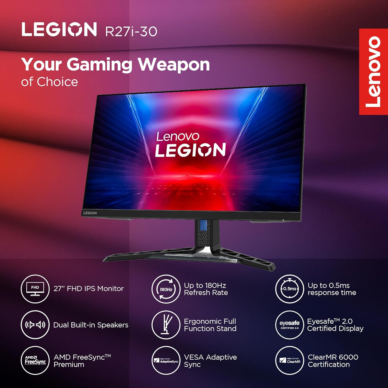Lenovo Legion R27i-30 | 27 Inch (68.5cm) 165Hz LED Gaming Monitor | 0.5ms, AMD FreeSync, 99%sRGB, 90% DCI-P3, 3Wx2 Speaker, 2xHDMI 2.1,1xDP| Tilt, Swivel, Pivot, Height Adjust Stand, Black, 67B5GAC1IN