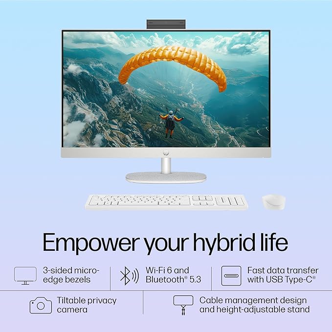 HP All-in-One 27, Intel Core Ultra 7 155U, 27inch (68.6 cm), FHD,IPS,Three-Sided Micro-Edge, Anti-Glare,300 nits,16 GB DDR5,1TB SSD,Windows 11,MSO21,Shell White,6.72kg,27-cr1007in - Zapnet.in
