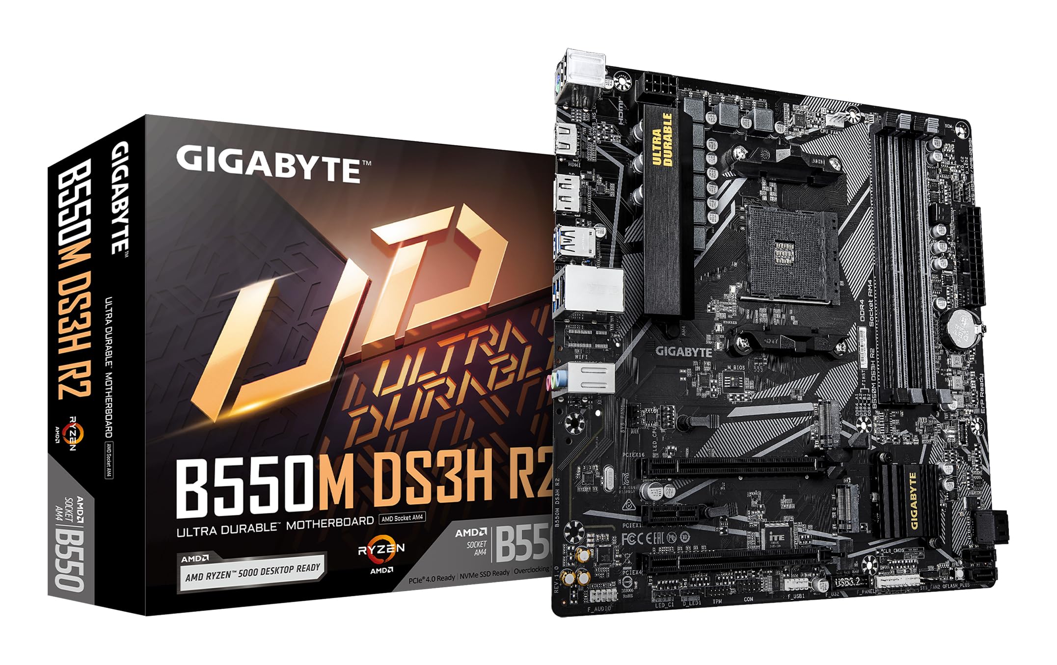 GIGABYTE B550M DS3H AC R2 Motherboard - AMD Ryzen 5000 CPUs | 5+3 Phases VRM | up to 4733MHz DDR4 (O.C.) | 1xPCIe 4.0 + 1xPCIe 3.0 M.2 | Wi-Fi 5 | 1GbE LAN | USB 3.2 Gen 1