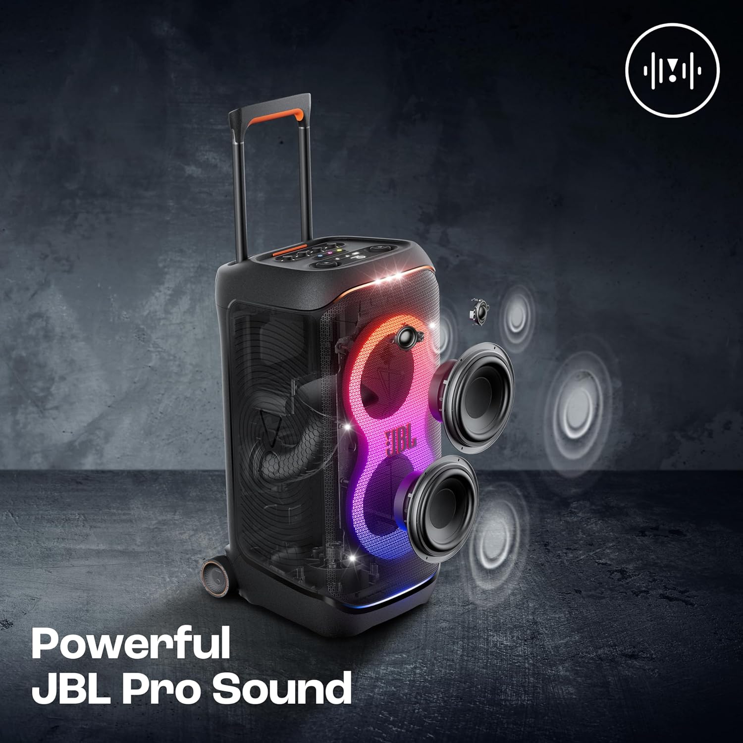 JBL Partybox 320, Portable Bluetooth 240W Party Speaker, AI Sound Boost, Futuristic Light Show, Multispeaker Connection by Auracast, Telescopic Handle & Wheels, Dual Guitar & Mic Inputs (Black) - Zapnet.in