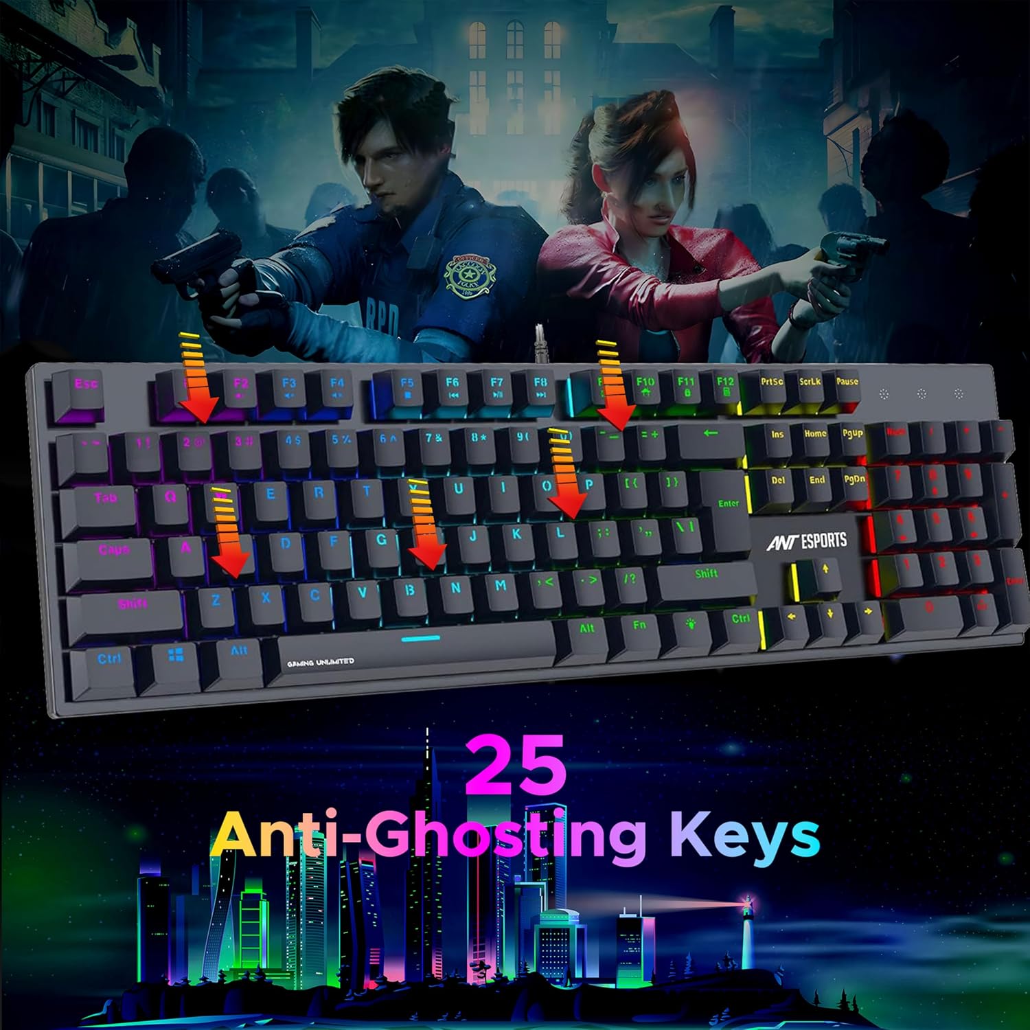 Ant Esports MK3400 V3 Pro Mechanical Gaming Keyboard RGB LED 104 Keys Blue Switch Anti Ghosting Full Size Wired USB PC Keyboard Removable Double Shot Keycaps Ergonomic for PC, Laptop and Mac (Black)