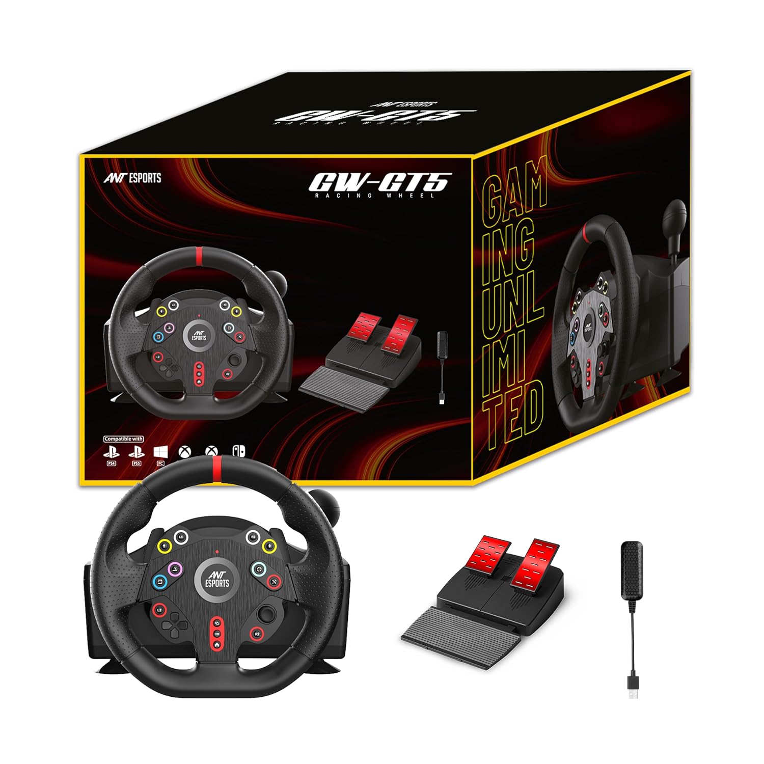 Ant Esports GWGT5 Racing Steering Wheel with Pedals,Gear Shifter &PS5 Adapter for PS5,PS4,Xbox One,Xbox Series X|S,PC & Nintendo Switch| 270 Degree Rotation,Dual Vibration Motor,6 Suction Cup Mounts.