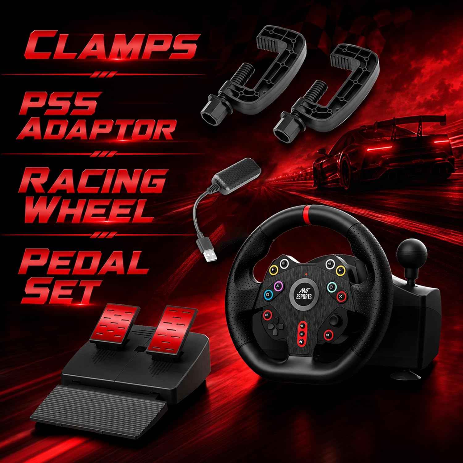 Ant Esports GWGT5 Racing Steering Wheel with Pedals,Gear Shifter &PS5 Adapter for PS5,PS4,Xbox One,Xbox Series X|S,PC & Nintendo Switch| 270 Degree Rotation,Dual Vibration Motor,6 Suction Cup Mounts.