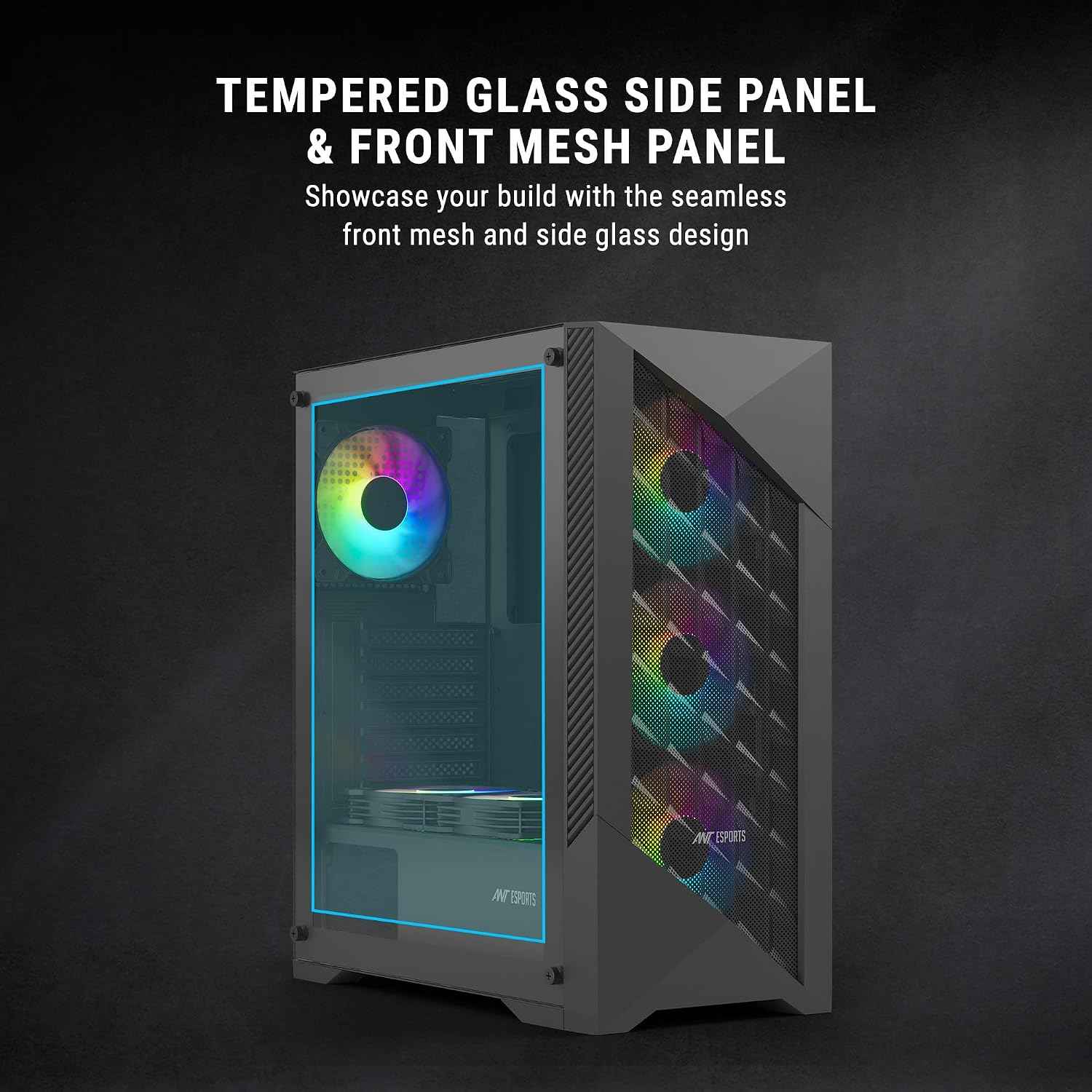 Ant Esports ICE- 270M 6F Mid-Tower Computer Case/Gaming Cabinet with Front Mesh Panel- Black | Support ATX, Micro-ATX, Mini-ITX | Pre-Installed 6 Static RGB Fans
