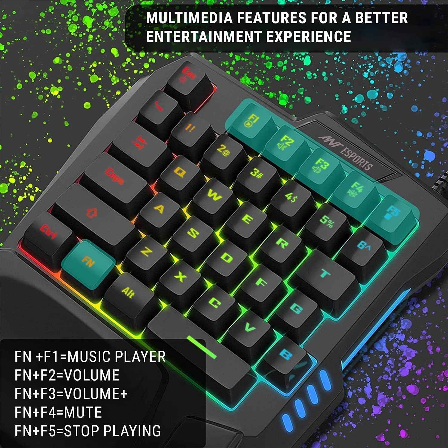Ant Esports MG401 4-in-1 RGB Keyboard & Mouse Combo with One-Hand Keypad, 3600 DPI Optical Mouse, Bluetooth Receiver & Phone Stand for Android, BGMI, Free Fire & Call of Duty