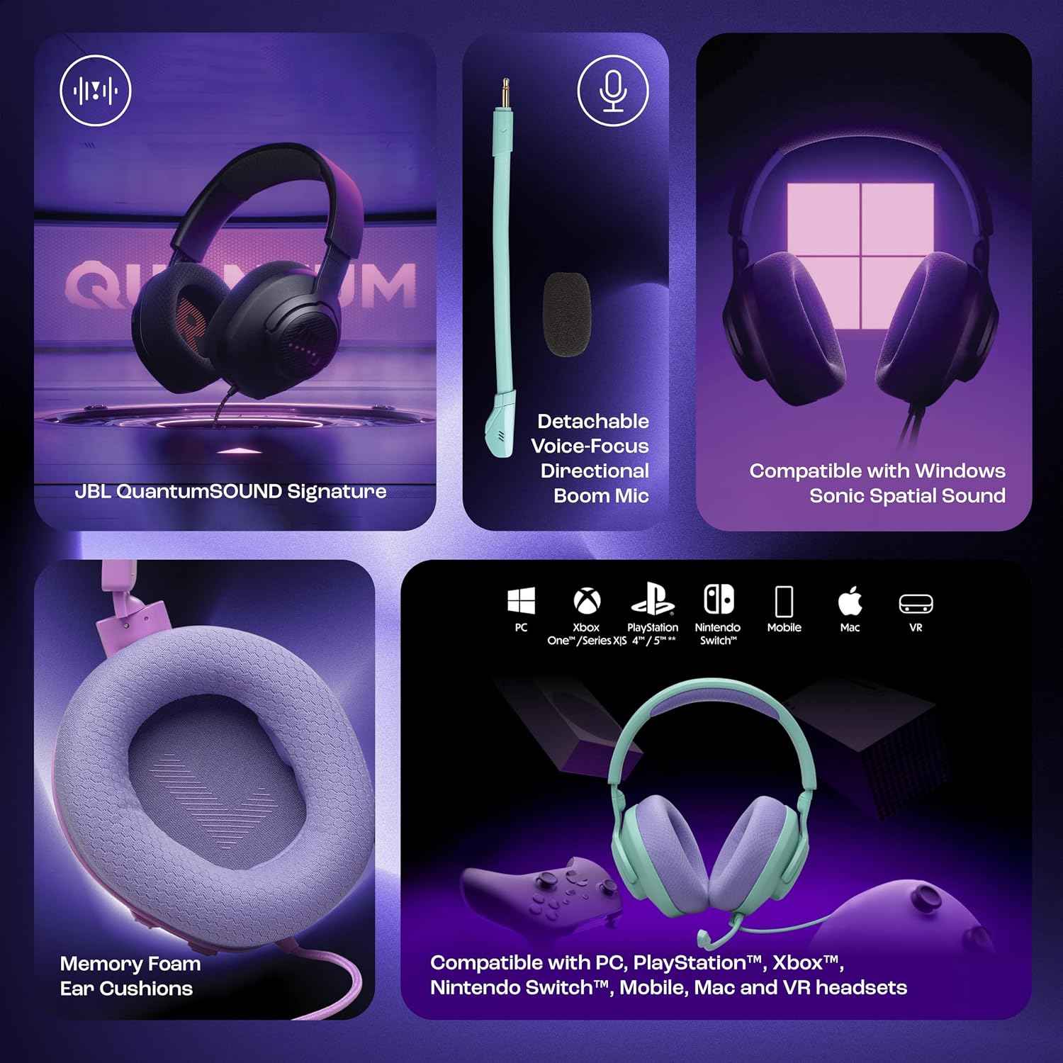 JBL Quantum 100M2 Wired Gaming Headphones, Supports Windows Sonic Spatial Audio, 40mm Realistic Dynamic Drivers, Omnidirectional Detachable Mic, Breathable Memory Foam Cushions, PC/Xbox/PS/3.5mm-Cyan