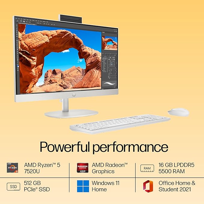 HP All-in-One Desktop 24 PC, AMD Ryzen 5 7520U, 16 GB LPDDR5, 512GB SSD, 60.5 cm (23.8"), Dual 2W Speakers,Windows 11,MSO, Shell White, 5.27 kg, 24-cr0025in - Zapnet.in