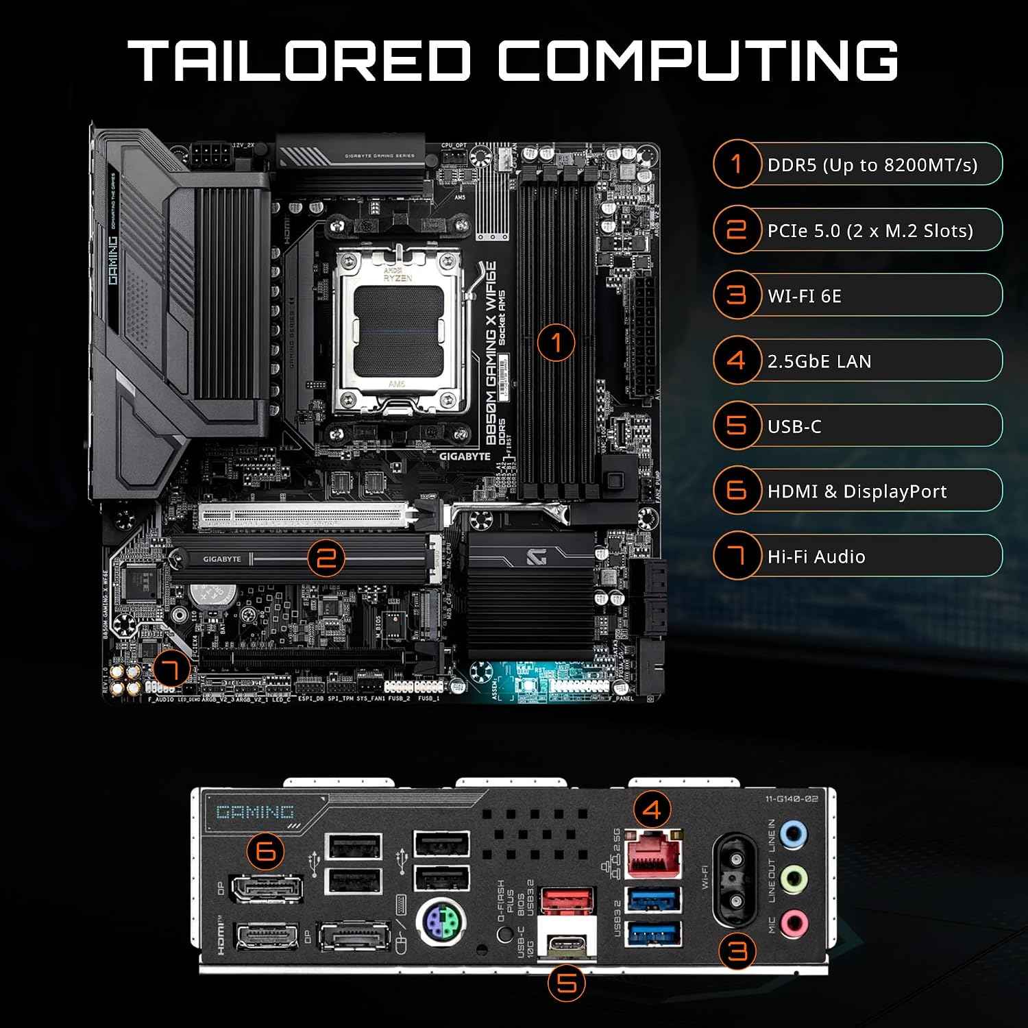 GIGABYTE B850M Gaming X WIFI6E AMD AM5 mATX Motherboard, Support AMD Ryzen 9000/8000/7000 Series, DDR5, 10+2+2 Power Phase, 2X M.2, PCIe 5.0, USB-C, WIFI6E, 2.5GbE LAN, EZ-Latch, 5-Year Warranty