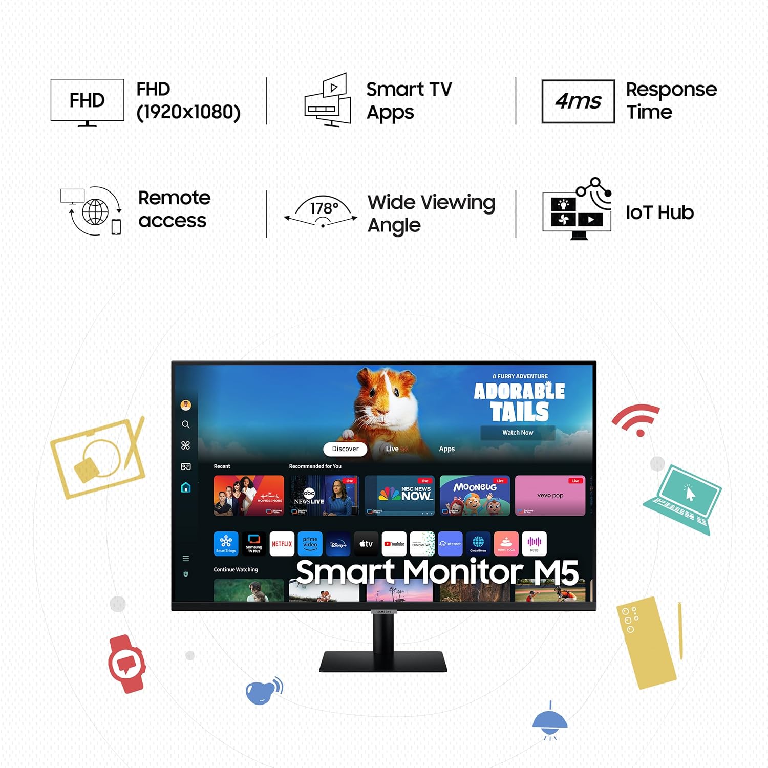 Samsung 27" (68.6cm) M5 Smart Monitor with Smart TV Experience|FHD 1920 x 1080|Bezeless|OTT Apps|IoT Hub|Office 365|Workout Tracker|Speakers|Remote|Wi-Fi|Bluetooth|LS27DM500EWXXL|Black