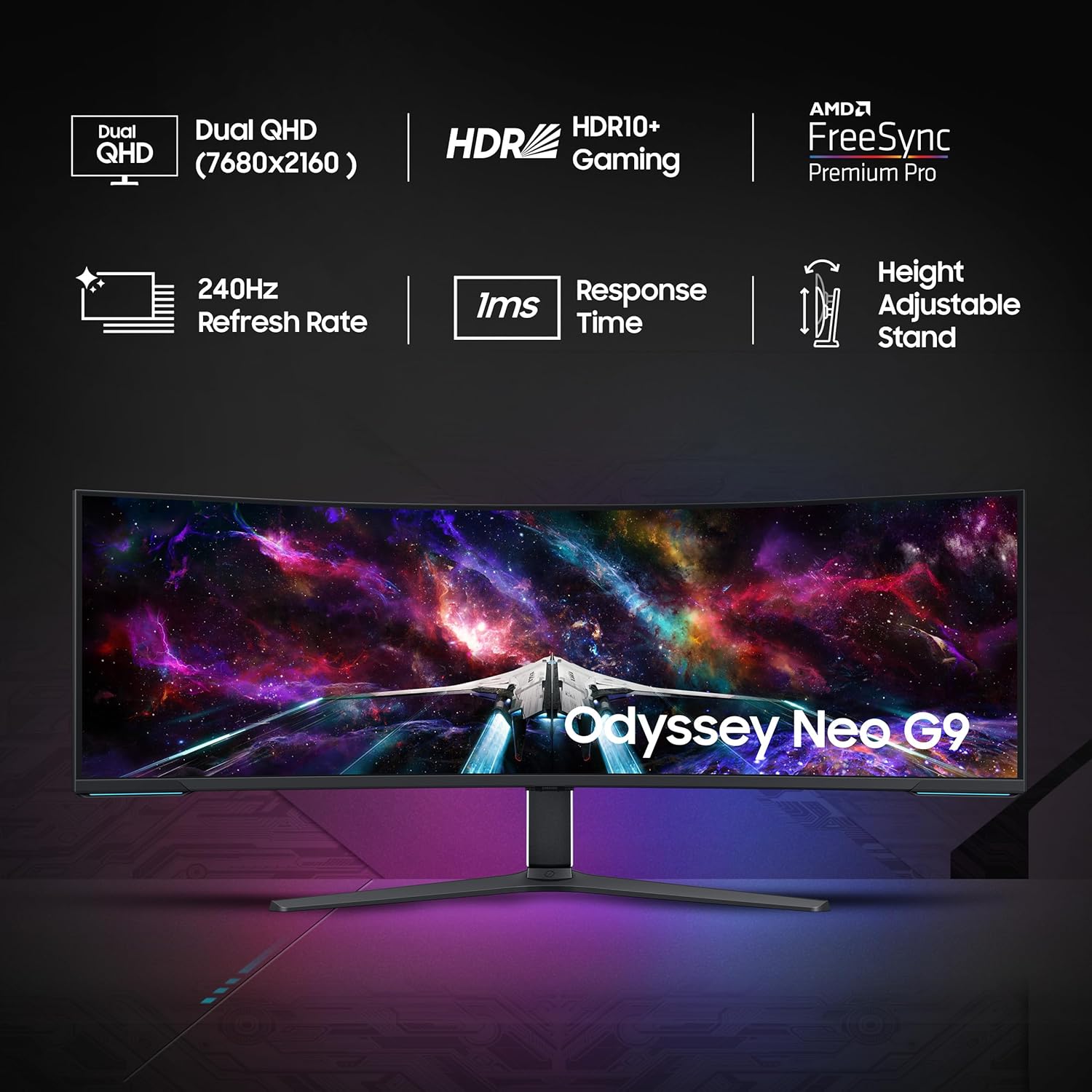 Samsung Odyssey Neo G9 57-inch(145 cm) Dual UHD 7680 x 2160 1000R Curved VA Gaming Monitor, 240Hz, 1ms, FreeSync Premium Pro, USB, DP 2.1, HDMI, HAS, Quantum Mini LED, HDR10+ (LS57CG950NWXXL, Black)