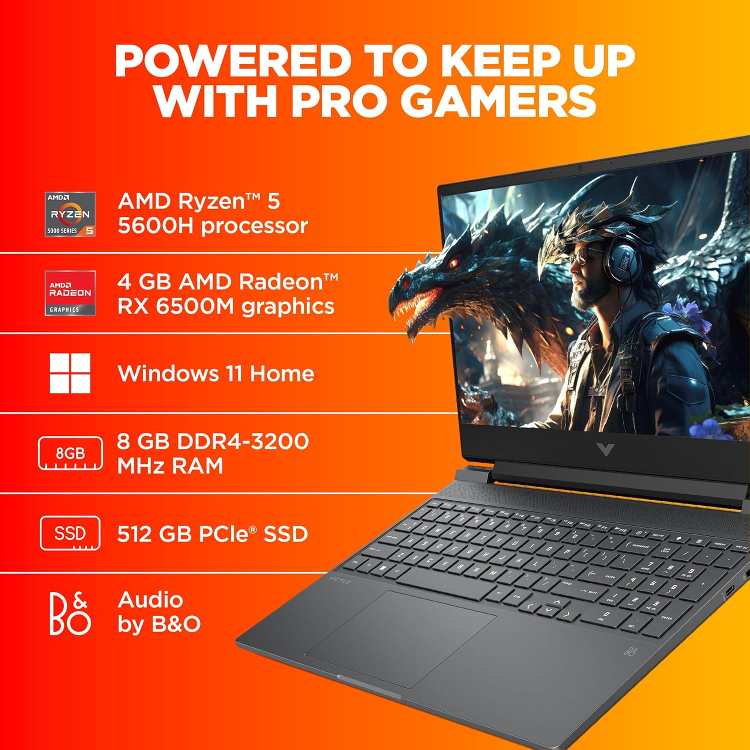 HP Victus Gaming Laptop, AMD Ryzen 5 5600H, 4GB AMD Radeon RX 6500M graphics, 15.6-inch (39.6 cm), FHD, IPS, 144Hz, 8GB DDR4, 512GB SSD, Backlit KB, B&O, Dual speakers (MSO, Silver, 2.37 kg), fb0108AX