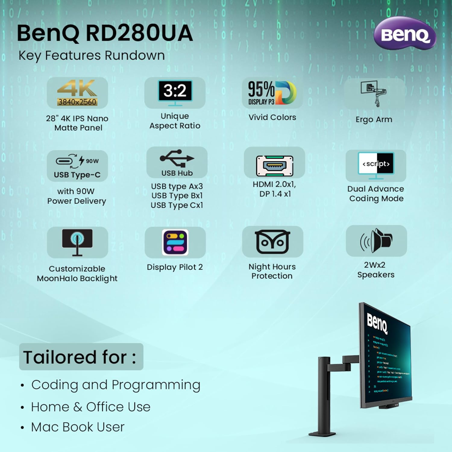 BenQ RD280UA 28.2” 4K+ 3840x2560 3:2 Special Ratio Programming Monitor with Ergo-Arm & Backlight| 90W USB Type-C| Advanced Coding Modes| Fine-Coated Panel| Night Hours Protection