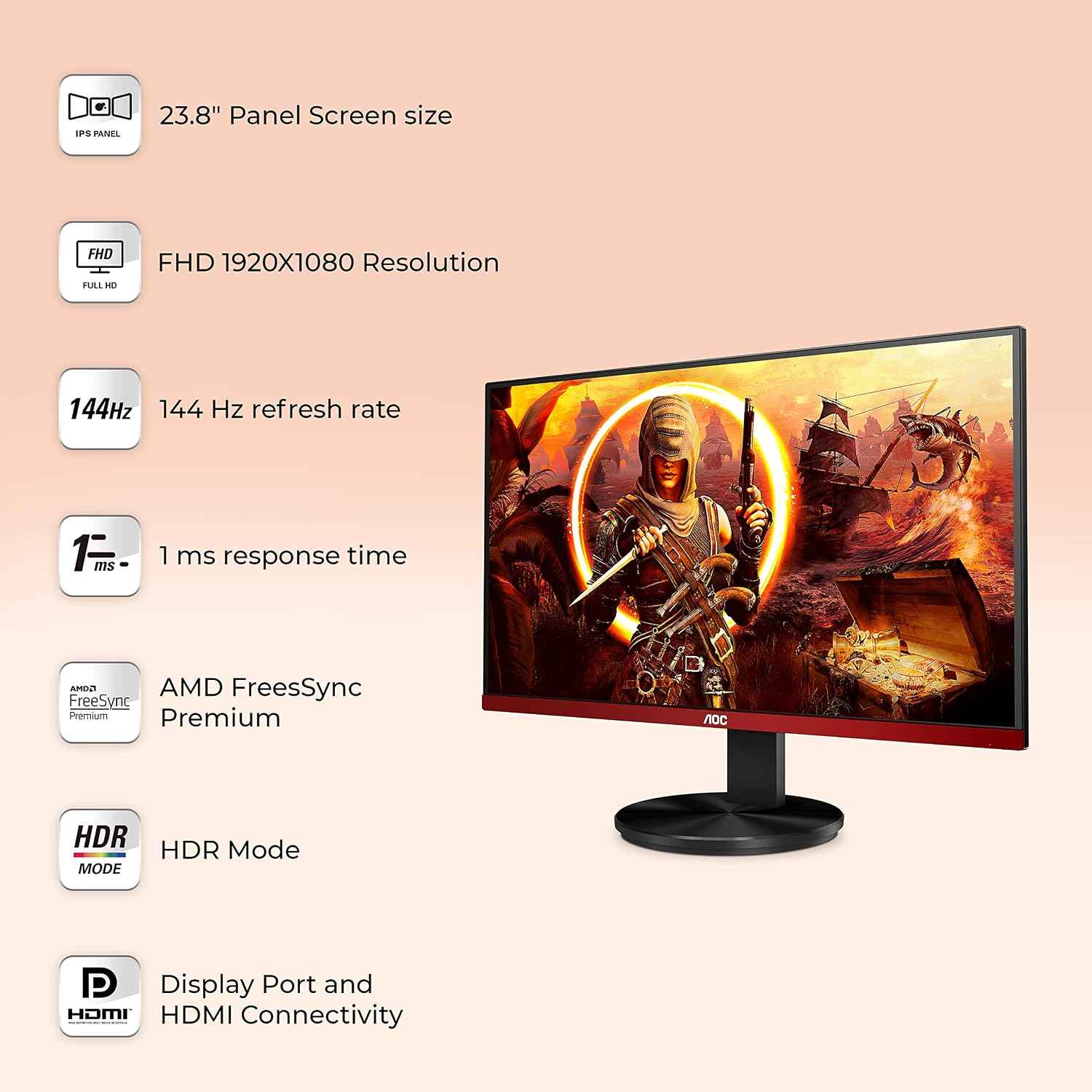 AOC G2490Vx 24 Inch Borderless Full HD Gaming Monitor, Gaming LED Monitor, 144Hz Refresh Rate, FreeSync Premium, 1ms Response Time