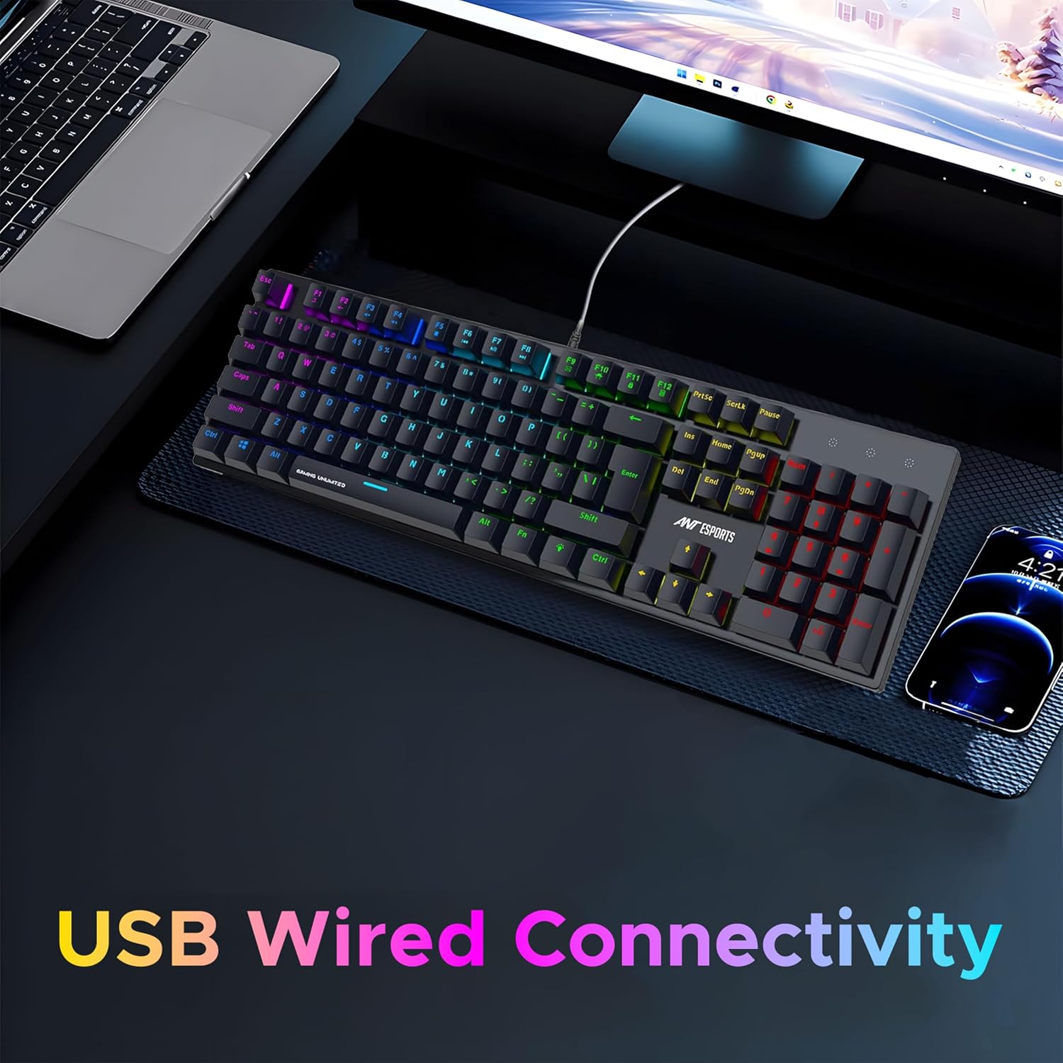 Ant Esports MK3400 V3 Pro Mechanical Gaming Keyboard RGB LED 104 Keys Blue Switch Anti Ghosting Full Size Wired USB PC Keyboard Removable Double Shot Keycaps Ergonomic for PC, Laptop and Mac (Black)