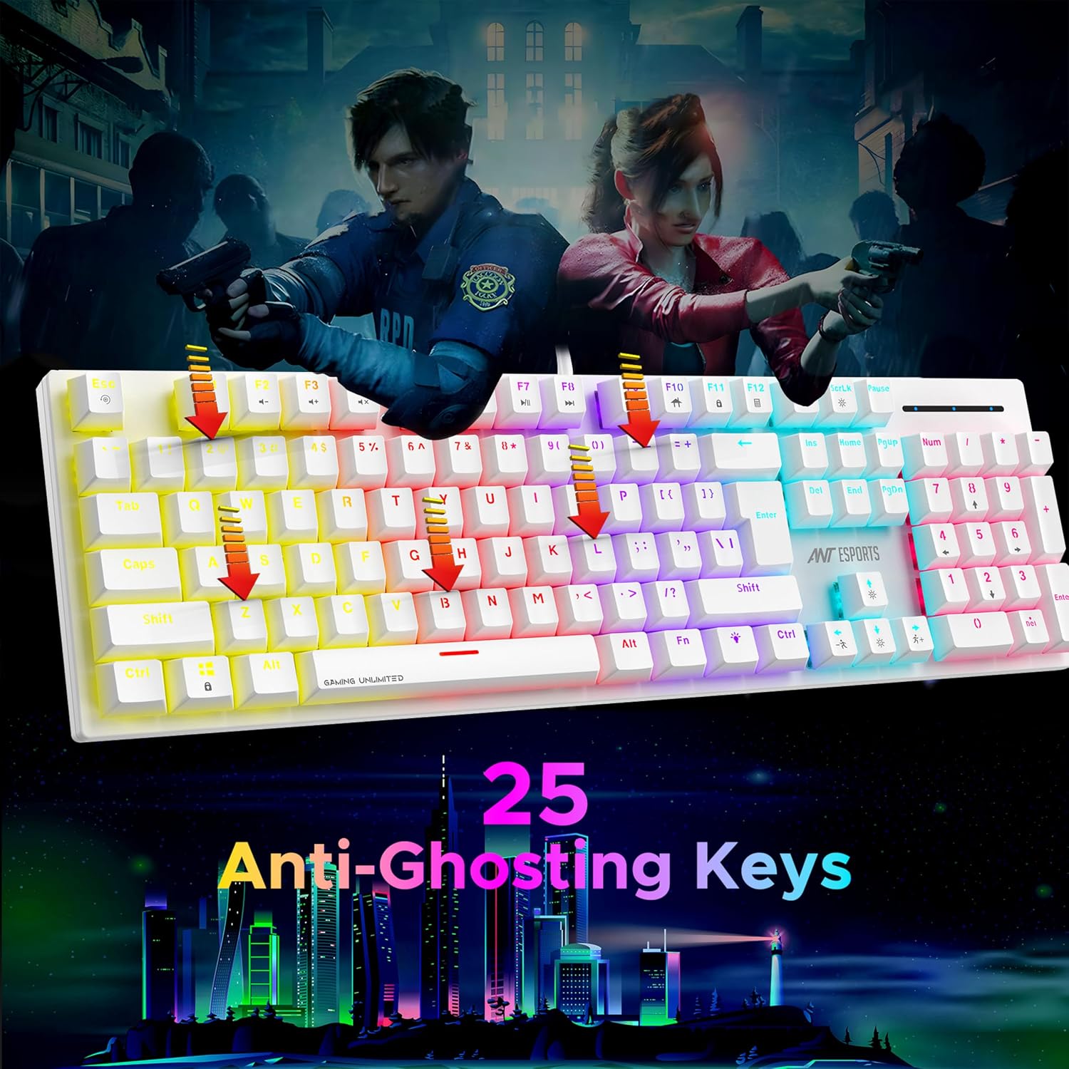 Ant Esports MK3400 Pro V3 Mechanical RGB Gaming Keyboard, 104 Keys-Brown Switch, Multicolour Backlit, Anti-Ghosting, USB Wired, Media Keys, 12 LED Modes, for PC, Mac, Windows, Linux – White