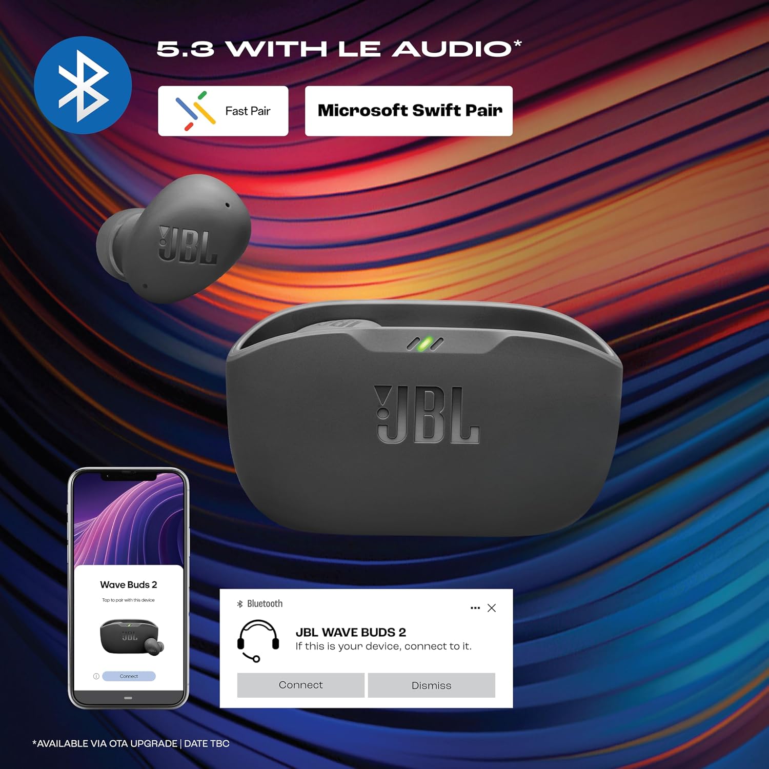JBL Wave Buds 2 Ear Buds Wireless BluetoothV5.3, Active Noise Cancellation Earbuds,Multi Connect, App for Customized Extra Bass Eq, Relax Mode,Speed Charge, 40H Playback, Fast Pair, 4 Mics,IP54(Black)