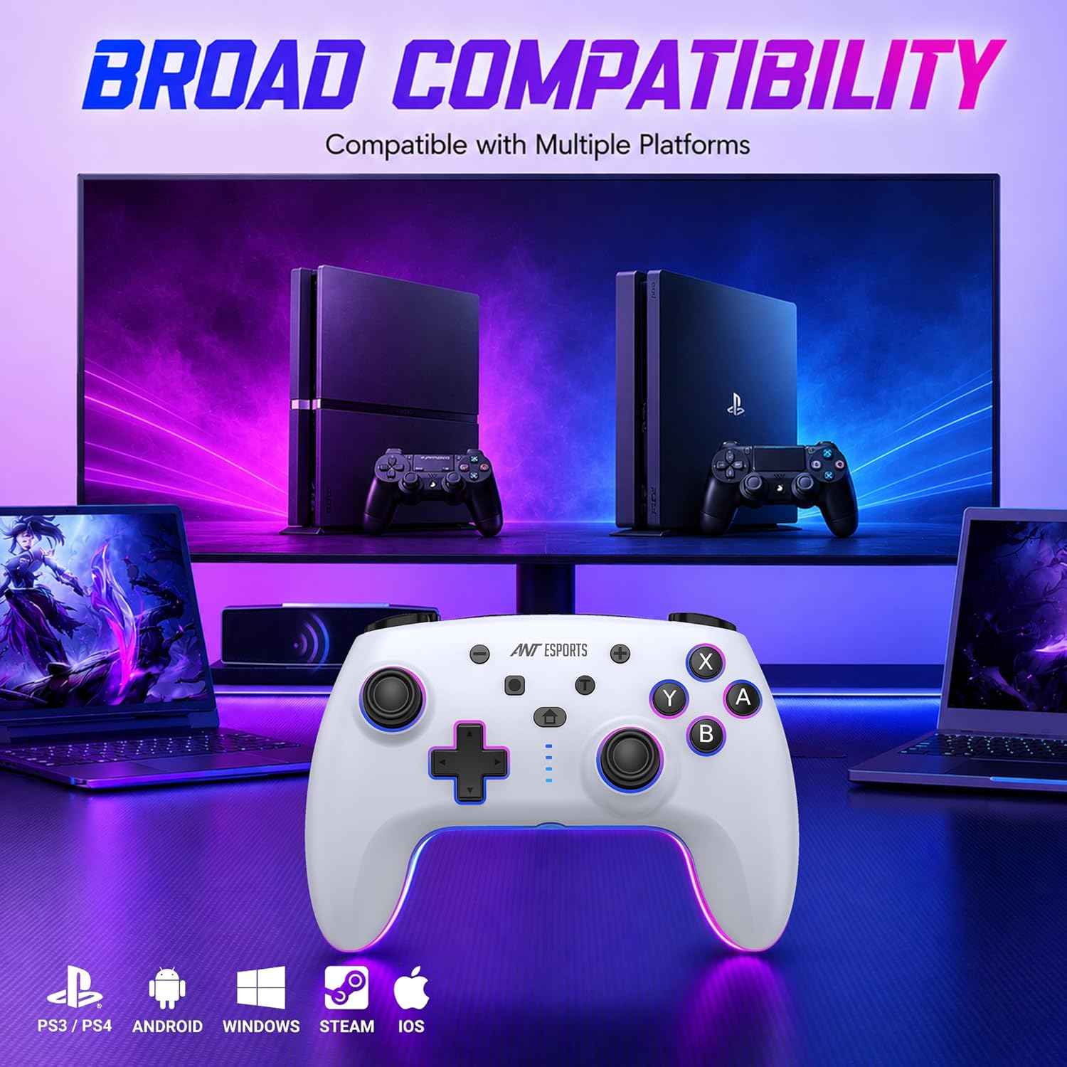Ant Esports Supernova Lite White Wireless Gaming Controller for Android, iPhone|iPad,PC&Smart TV|Bluetooth Gamepad with Turbo Function, Dual Vibration, RGB Lighting,Macro Controls&Ergonomic Design