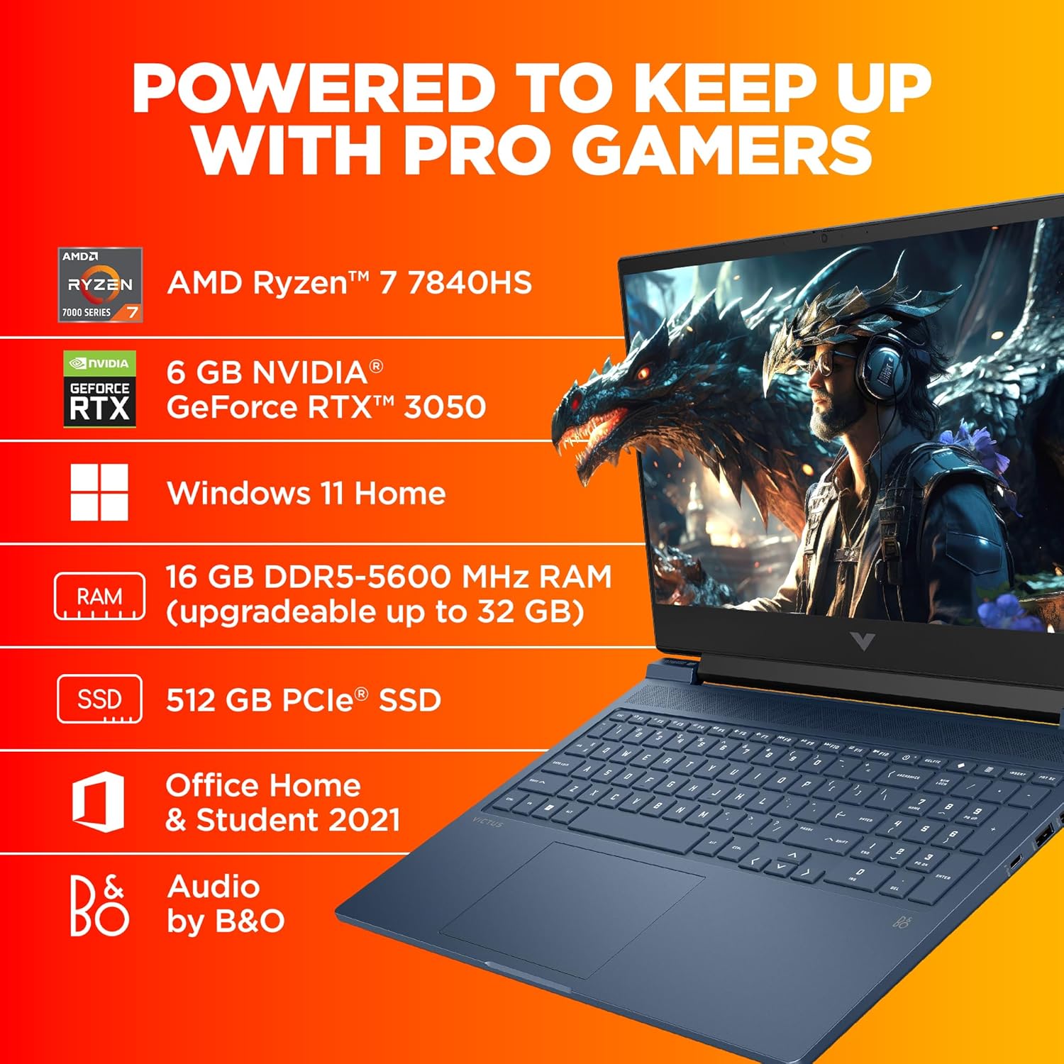 HP Victus AI Powered Gaming Laptop (Ryzen 7 7840Hs-16 GB DDR5 RAM / 512GB SSD / Win11 Home+MSO'2021/6 GB NVIDIA GeForce RTX 3050 Graphics/RGB Backlit KB/FHD Camera/Performance Blue/2.29KG) S0095AX