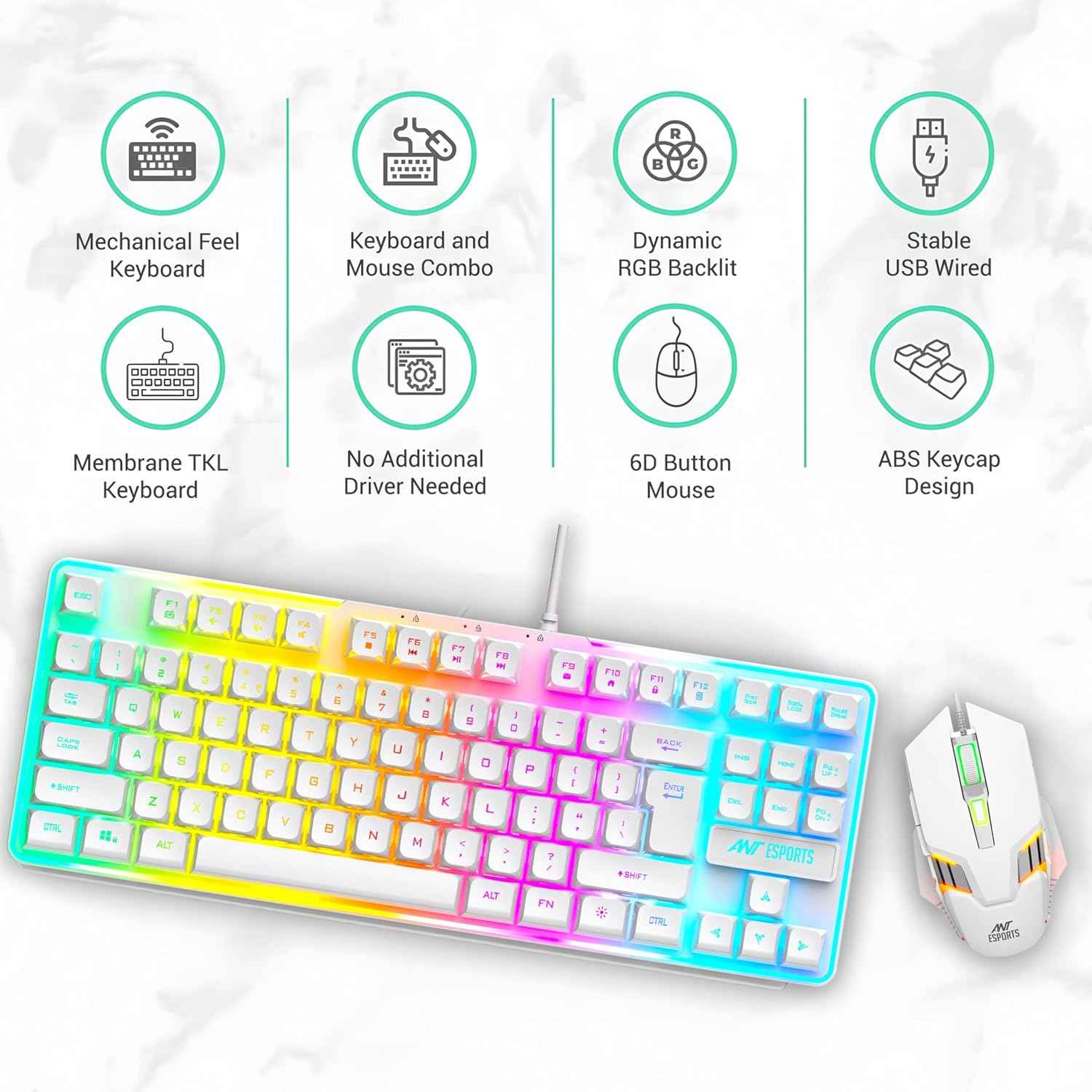 Ant Esports MK710 V2 Membrane TKL Wired Gaming Keyboard Mouse Combo 87 UV Coated Mechanical feel Keys Cool RGB Backlight Keyboard,1200-3600 DPI Aero-Jet RGB Gaming Mouse with Type C Adapter_ Mercury