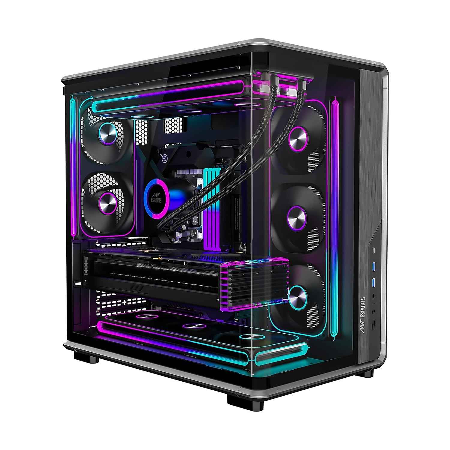 Ant Esports Crystal X8 Arc Mid Tower Gaming Cabinet | Panoramic 270° Tempered Glass, Supports BTF Back-Connect ATX Motherboards, Pre-Installed 8X 120mm ARGB Fans, 360mm AIO Support | Black