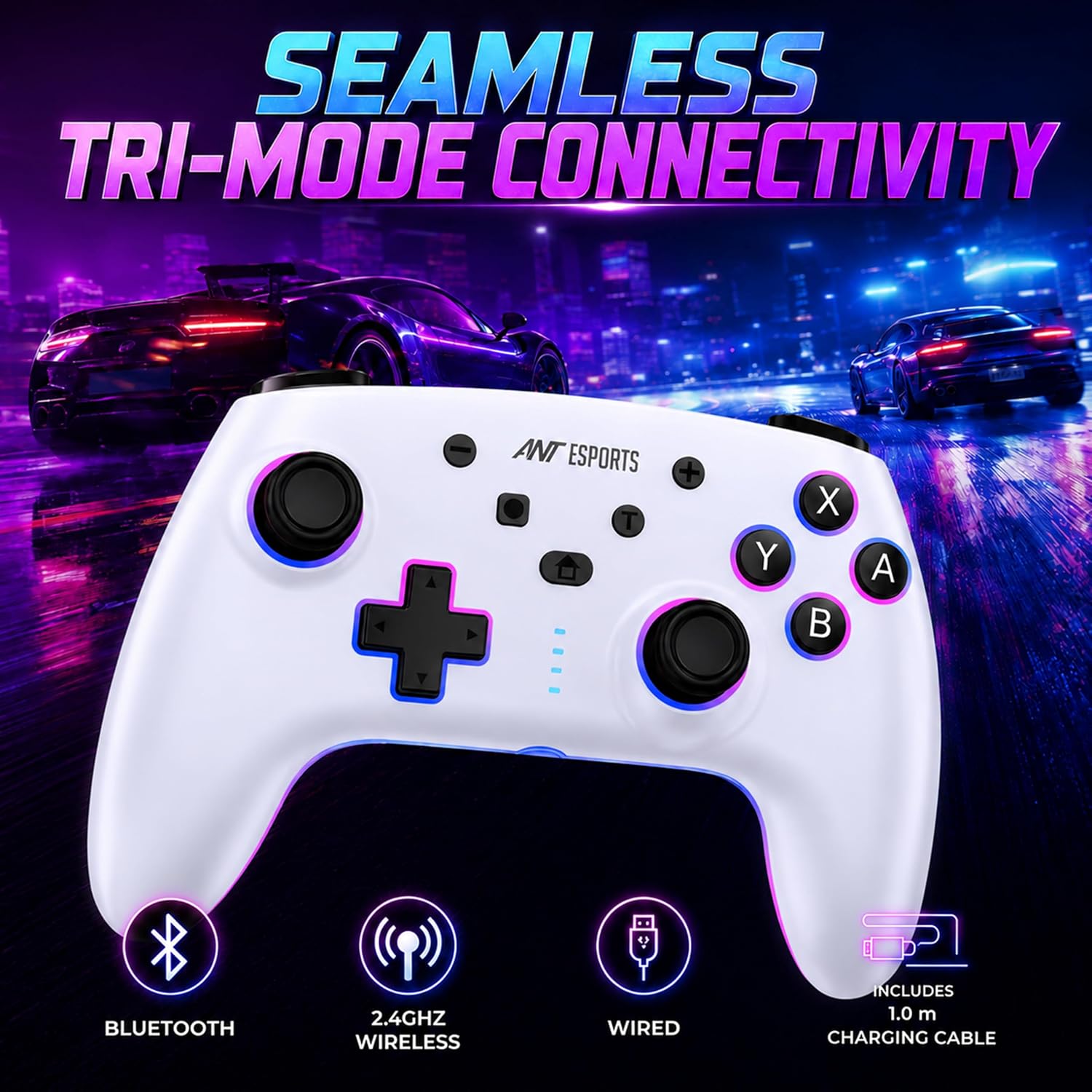 Ant Esports Supernova Lite White Wireless Gaming Controller for Android, iPhone|iPad,PC&Smart TV|Bluetooth Gamepad with Turbo Function, Dual Vibration, RGB Lighting,Macro Controls&Ergonomic Design