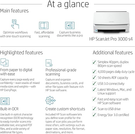 HP ScanJet Pro 3000 s4 Sheet-Feed Scanner (6FW07A), Light Grey, Small - Zapnet.in