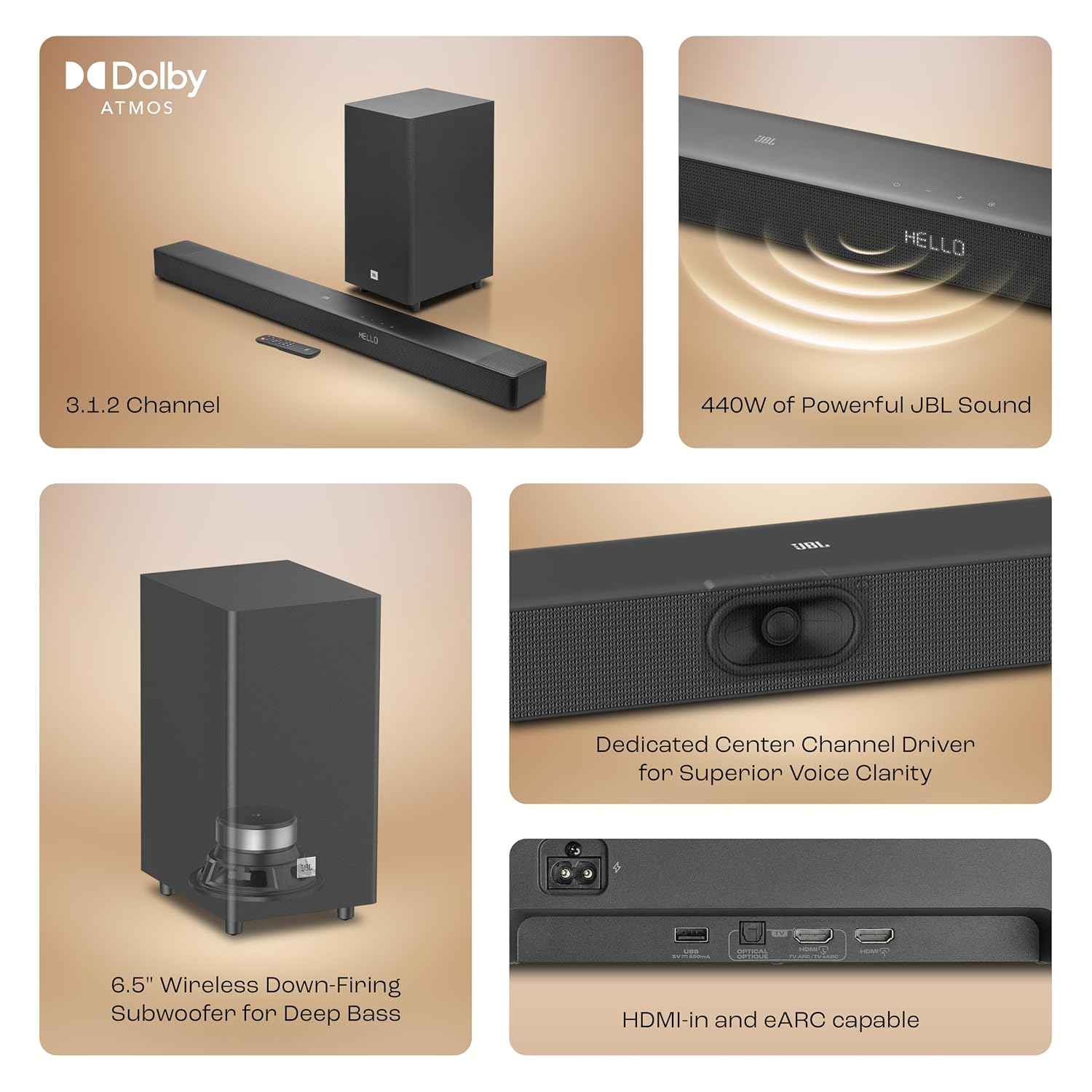JBL New Launch Cinema SB595 5.1 (3.1.2) Channel Soundbar with True Dolby Atmos®, Wireless Subwoofer, HDMI eARC, Bluetooth Streaming, Centre Channel for Clear Dialogue, 440W
