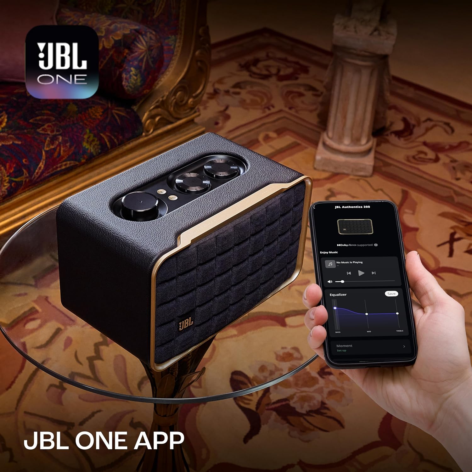 JBL Authentics 200, Smart Home WiFi Speaker and Music Streaming, Voice Assist and Bluetooth Connectivity, Automatic Calibration, Compatible with Google Home & Amazon Alexa, Retro Design in Black - Zapnet.in