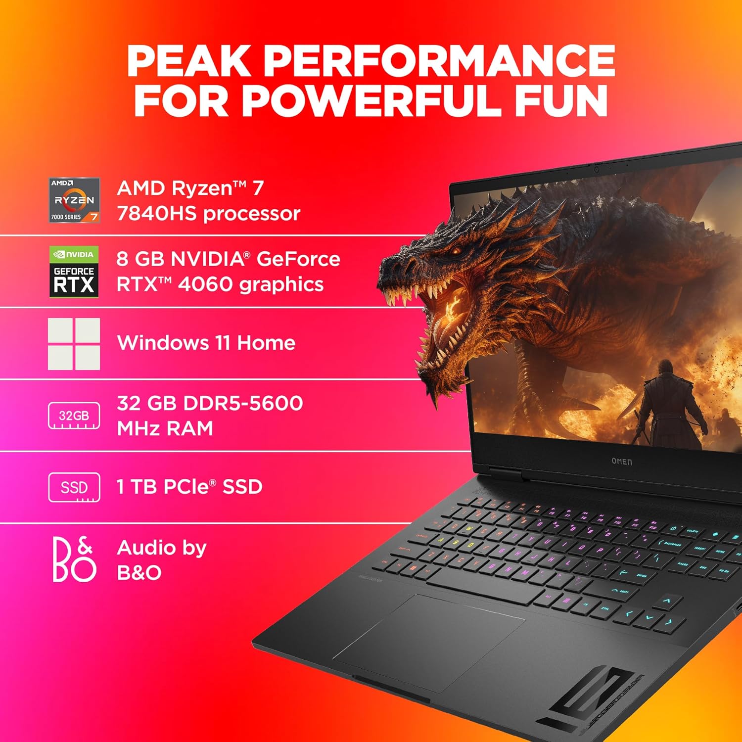 HP OMEN, AMD Ryzen 7-7840HS, 8GB NVIDIA GeForce RTX 4060 Gaming Laptop (32GB RAM, 1TB SSD), 165Hz, 7ms, IPS, 16.1"/40.9cm, Win 11, Office 2021, Black, 2.37Kg, RGB KB, Tempest Cooling, xd0017AX