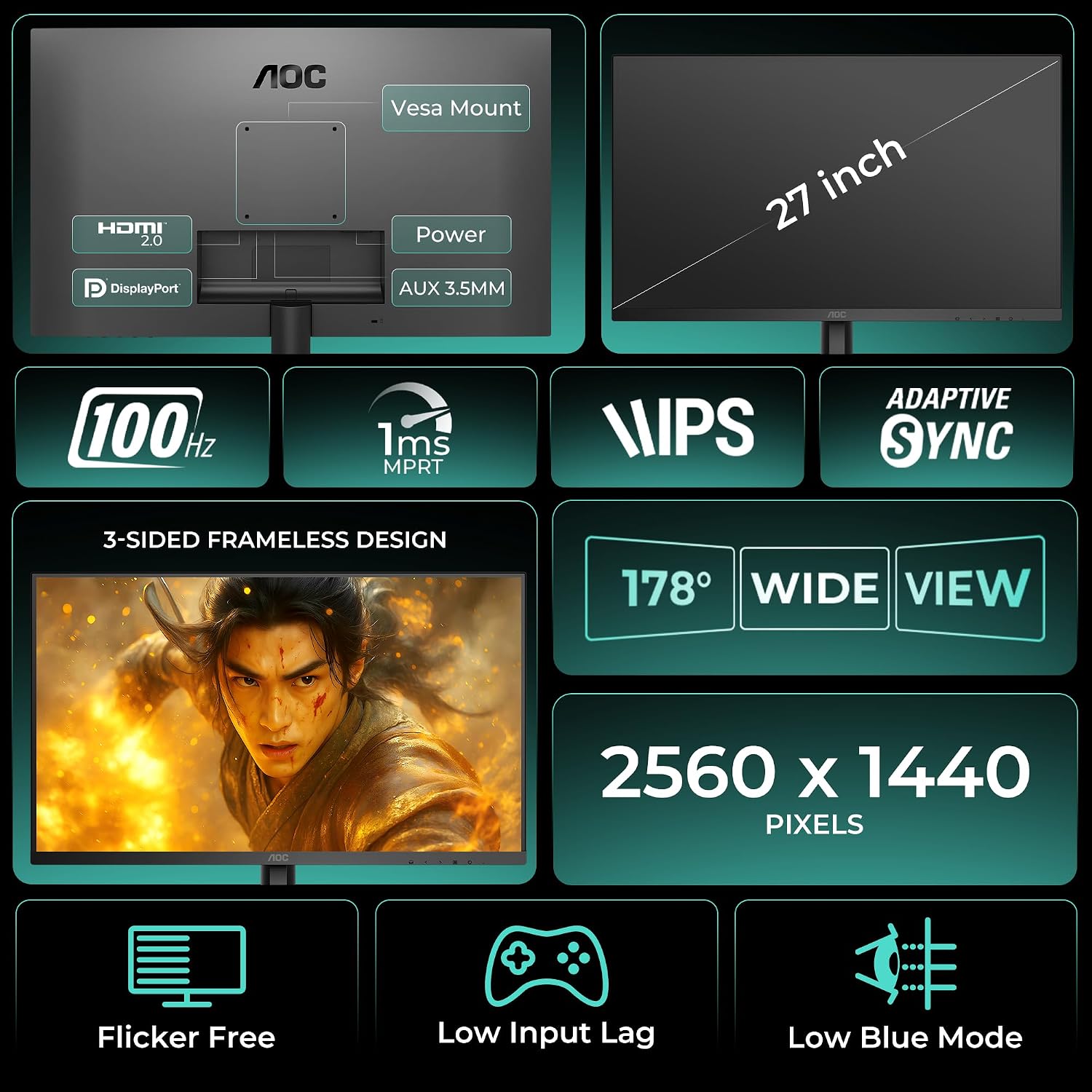 AOC Q27B3S2 Gaming Monitor 27 inch 2560 x 1440 Quad HD IPS Panel, 100Hz Refresh Rate, 1ms Responsre Time, Eye Care, Adaptive Sync, 178° Wide Viewing Angle, HDMI 1.4b Display Port 1.2a Connectivity