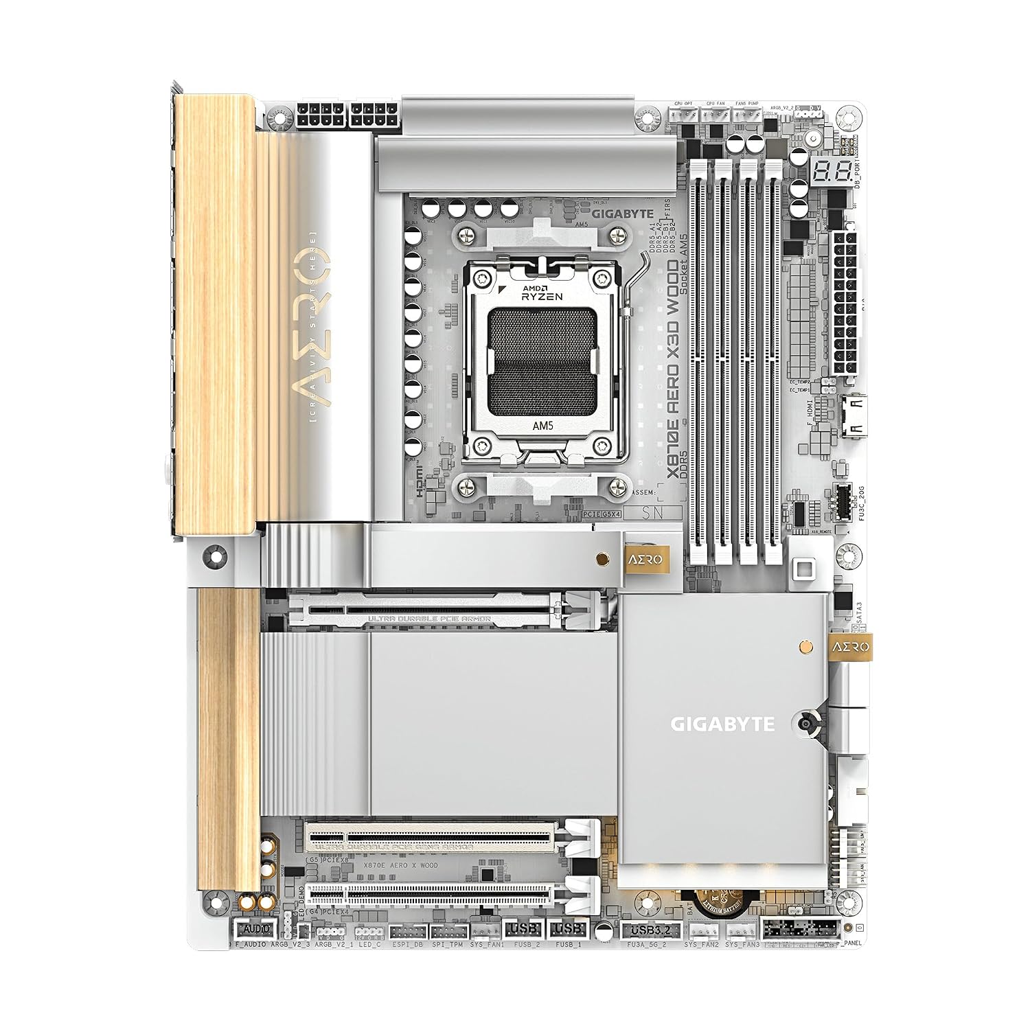 GIGABYTE X870E AERO X3D Wood AMD AM5, ATX, Supports AMD Ryzen 9000/8000/7000 Series Processors, DDR5, 16+2+2 Total Power Phase, 4X M.2, PCIe 5.0, USB4 Type-C, WIFI7, Dual 5 GbE LAN