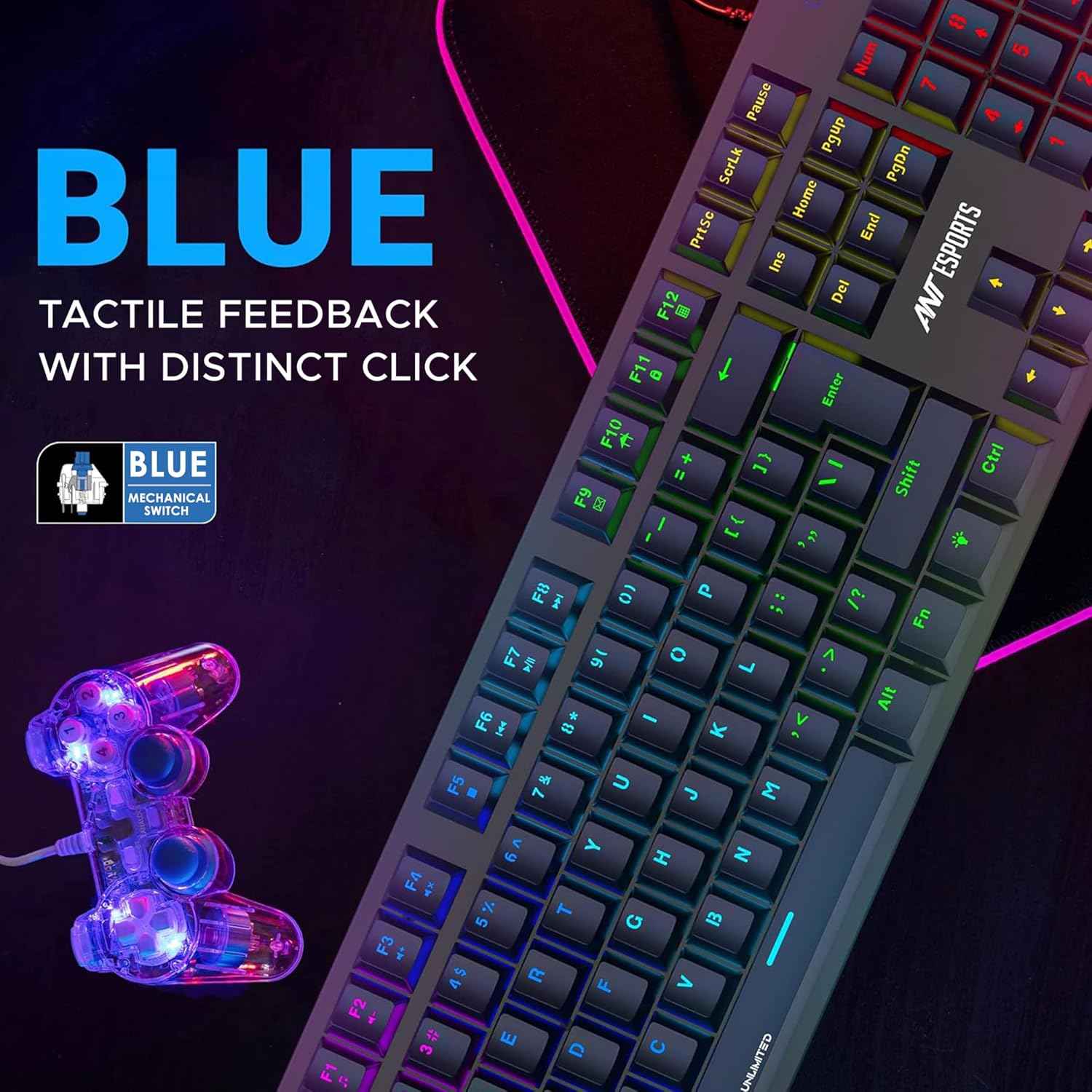 Ant Esports MK3400 V3 Pro Mechanical Gaming Keyboard RGB LED 104 Keys Blue Switch Anti Ghosting Full Size Wired USB PC Keyboard Removable Double Shot Keycaps Ergonomic for PC, Laptop and Mac (Black)
