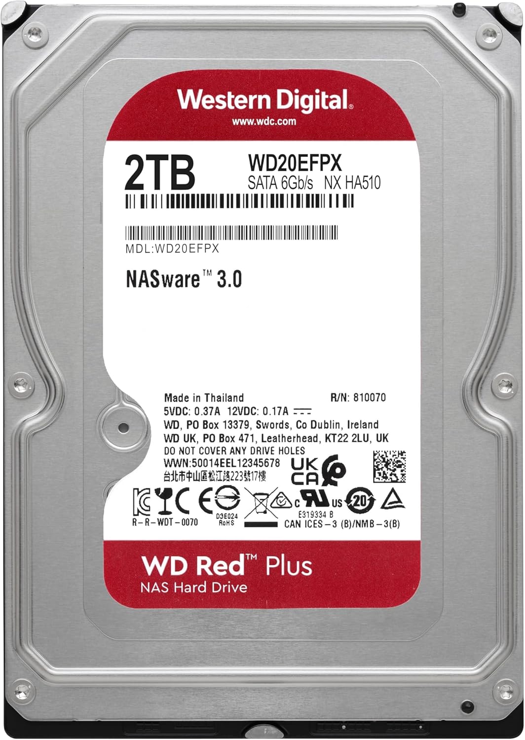 Western Digital 2TB WD Red Plus NAS Internal Hard Drive HDD - 5400 RPM, SATA 6 Gb/s, CMR, 64 MB Cache, 3.5" -WD20EFPX