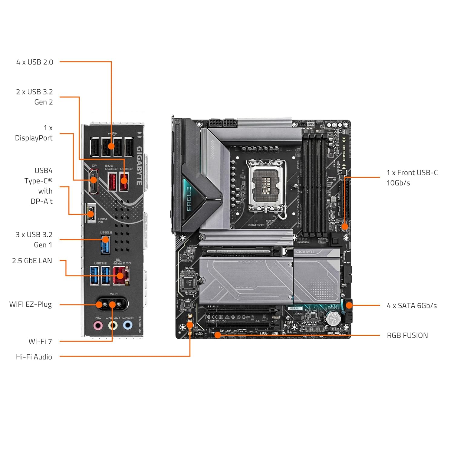 GIGABYTE Z890 Eagle WIFI7 Intel Core Ultra (Series 2) LGA 1851 Motherboard, ATX, DDR5, 4X M.2, PCIe 5.0, USB4, WIFI7, 2.5GbE LAN, EZ-Latch