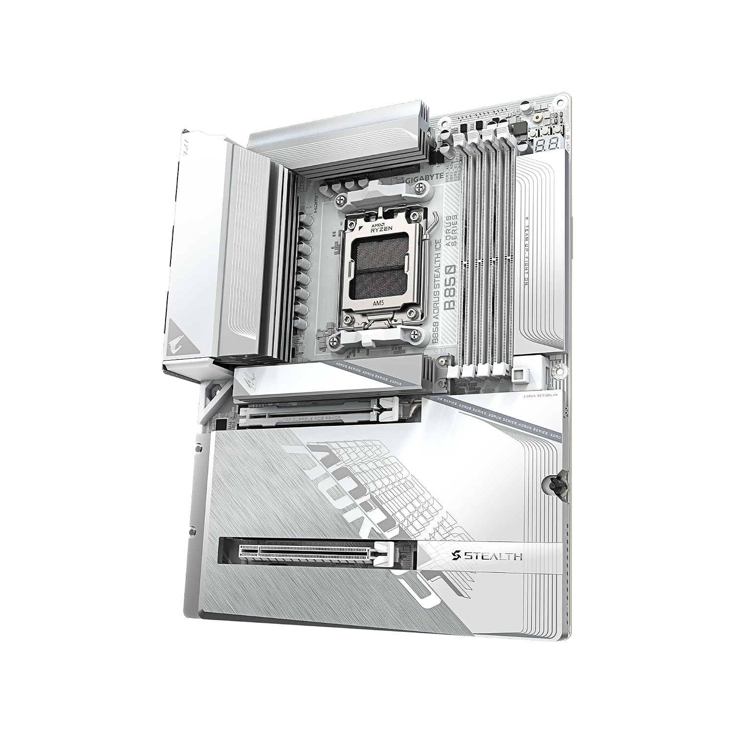 GIGABYTE B850 AORUS Stealth ICE AMD AM5 Motherboard, ATX, DDR5, 4X M.2, PCIe 5.0, USB-C, WIFI7, 5GbE LAN, EZ-Latch,