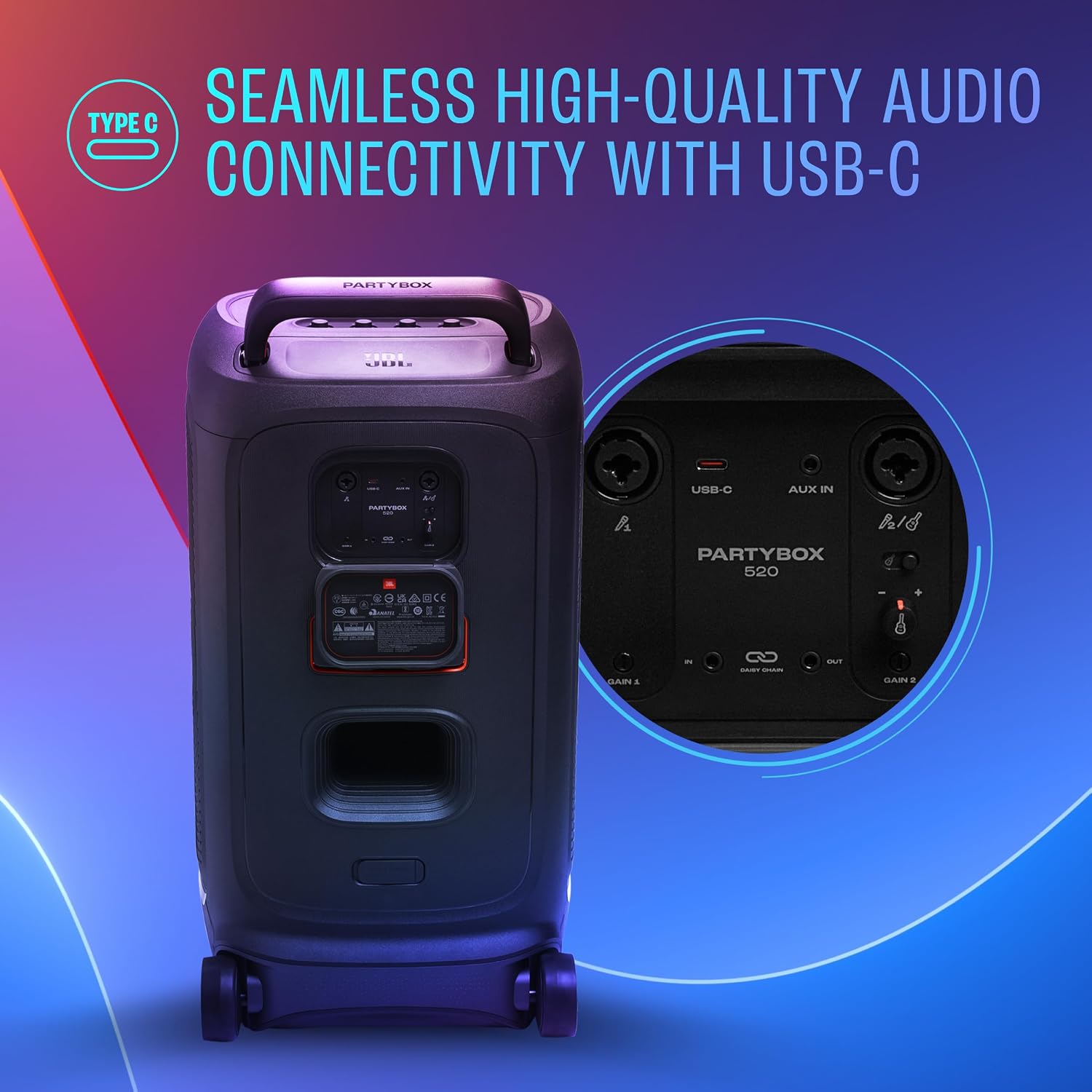 JBL Partybox 520 Wireless Bluetooth Party Speaker, Electrifying AI Sound Boost, Upto 15Hrs Playtime, Replaceable Battery, Multispeaker Connection by Auracast-, PartyBox App-Black