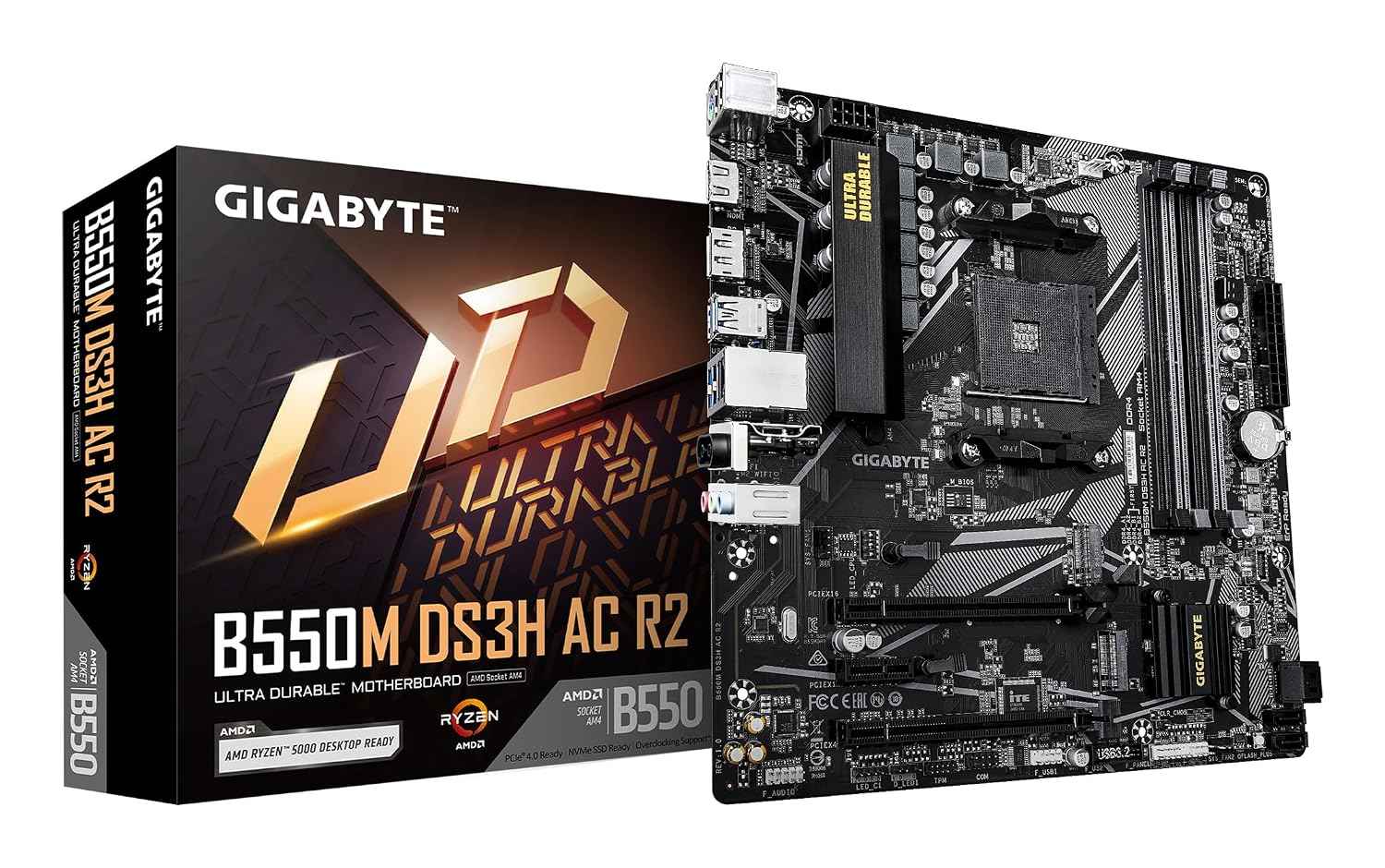 GIGABYTE B550M DS3H AC R2 Motherboard - AMD Ryzen 5000 CPUs | 5+3 Phases VRM | up to 4733MHz DDR4 (O.C.) | 1xPCIe 4.0 + 1xPCIe 3.0 M.2 | Wi-Fi 5 | 1GbE LAN | USB 3.2 Gen 1