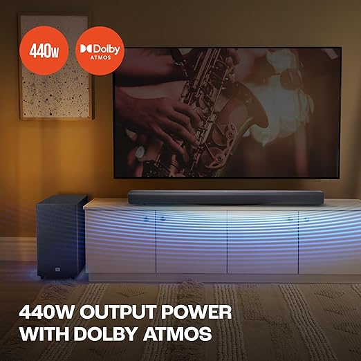JBL Cinema SB590 Deep Bass, Dolby Atmos Soundbar with Wireless Subwoofer for Extra Deep Bass, 3.1 Channel, Center channel for superior voice clarity, HDMI eARC, Bluetooth & Optical Connectivity (440W) - Zapnet.in